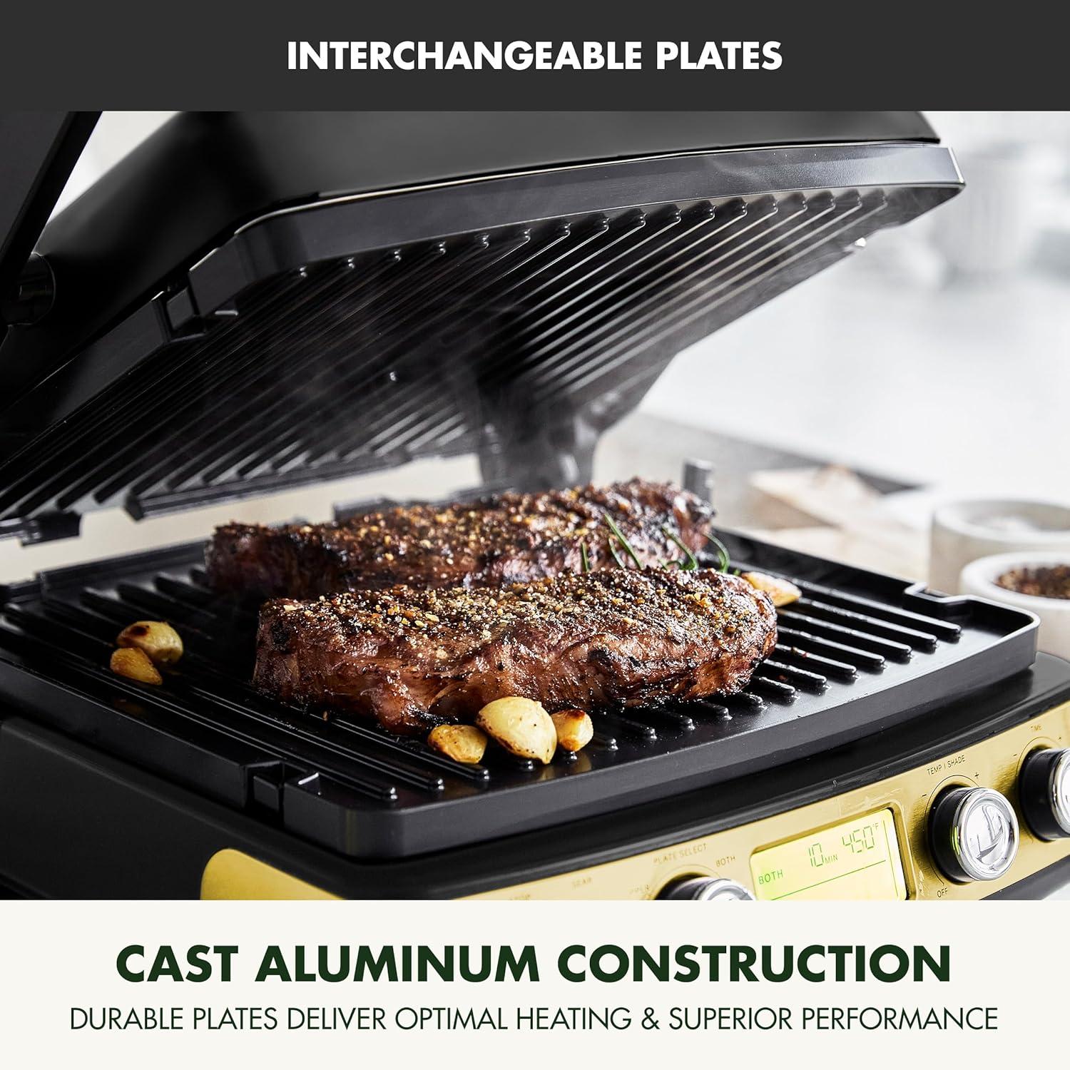 imageGreenPan Elite 7in1 MultiFunction Contact Grill amp Griddle Healthy Ceramic Nonstick Grill amp Waffle Plates Adjustable Shade amp Shear Closed PressOpen Flat Surface PFASFree Cream WhiteGold