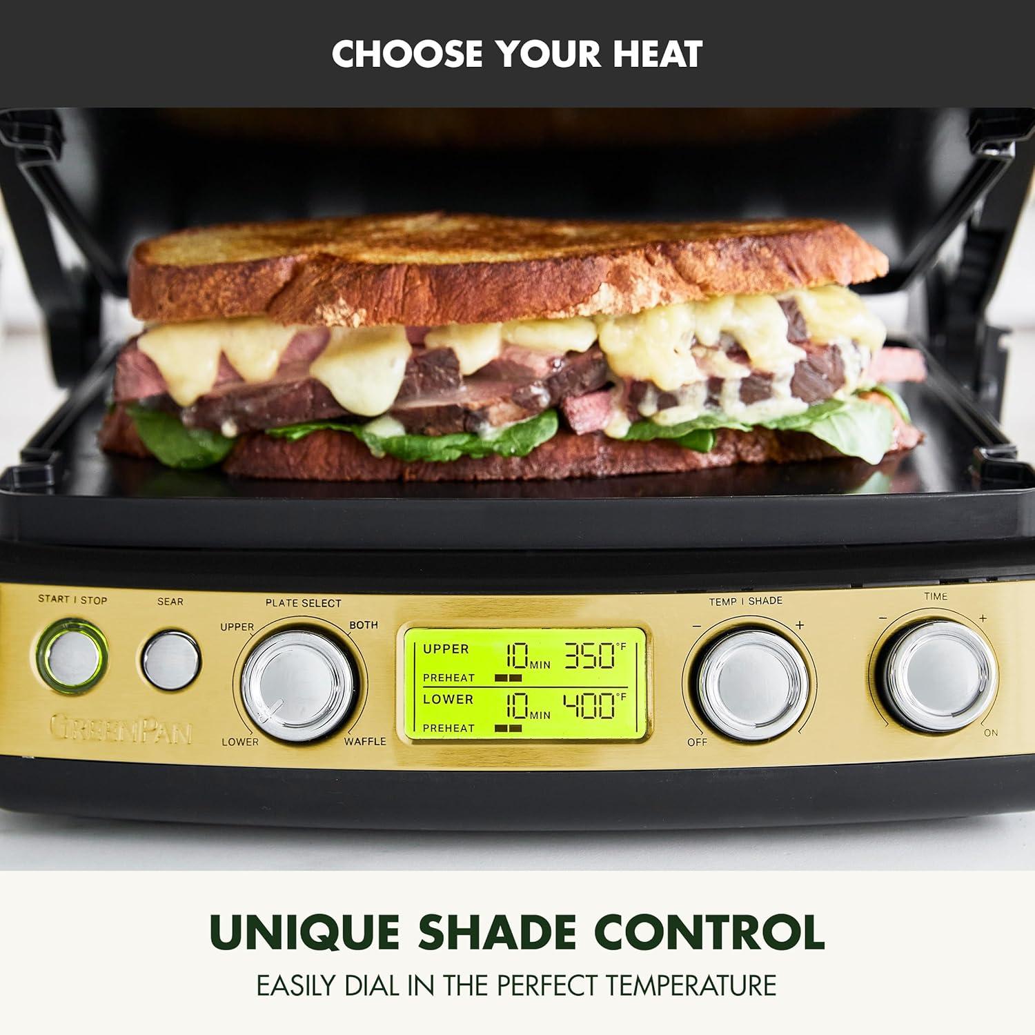 imageGreenPan Elite 7in1 MultiFunction Contact Grill amp Griddle Healthy Ceramic Nonstick Grill amp Waffle Plates Adjustable Shade amp Shear Closed PressOpen Flat Surface PFASFree Cream WhiteGold