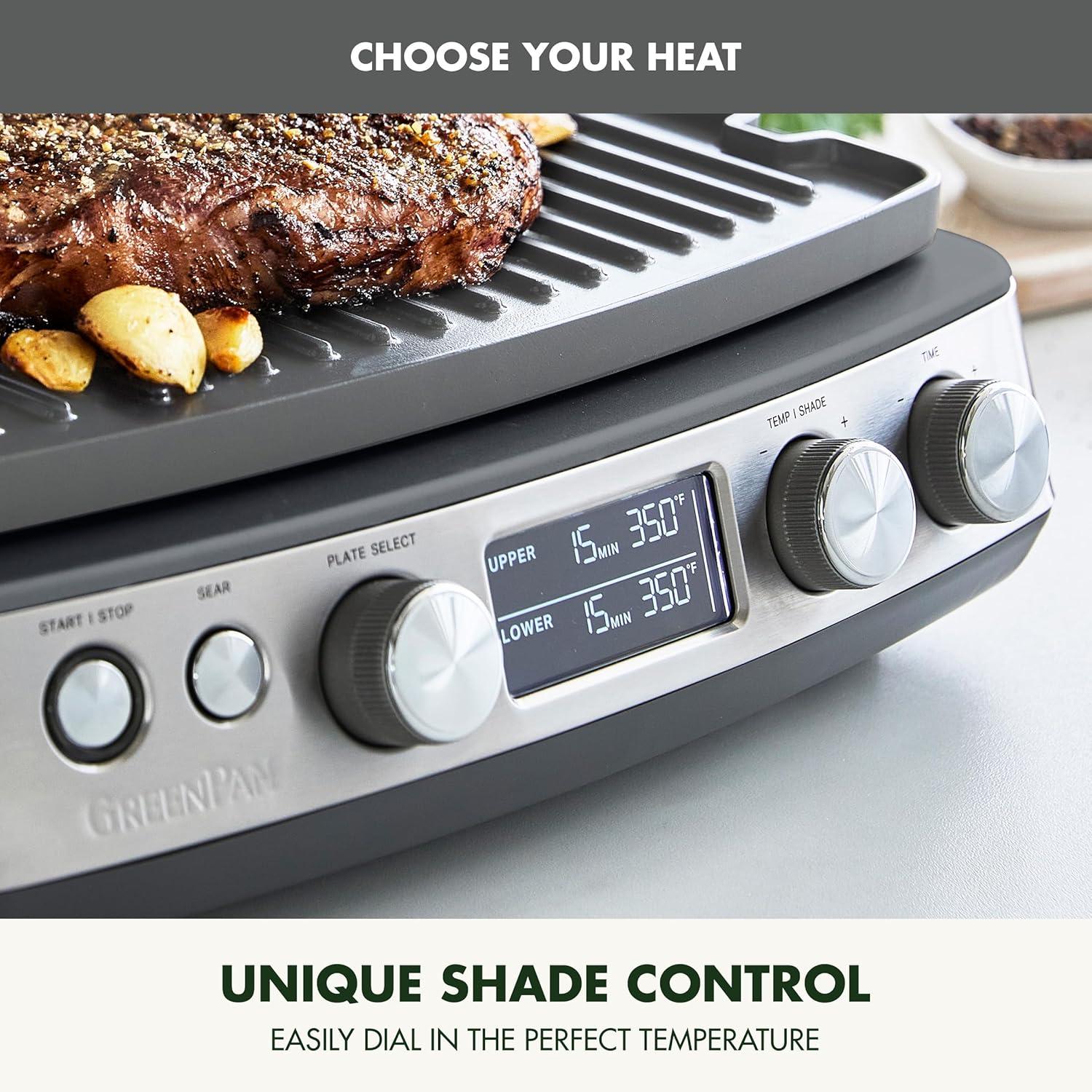 imageGreenPan Elite 7in1 MultiFunction Contact Grill amp Griddle Healthy Ceramic Nonstick Grill amp Waffle Plates Adjustable Shade amp Shear Closed PressOpen Flat Surface PFASFree Cream WhiteGraphite