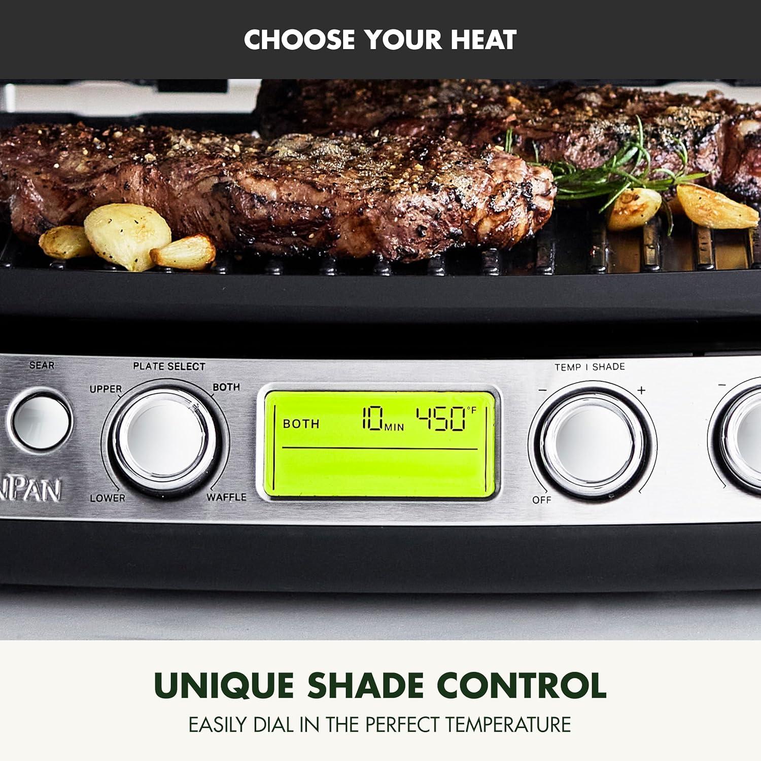imageGreenPan Elite 7in1 MultiFunction Contact Grill amp Griddle Healthy Ceramic Nonstick Grill amp Waffle Plates Adjustable Shade amp Shear Closed PressOpen Flat Surface PFASFree Cream WhiteBlack