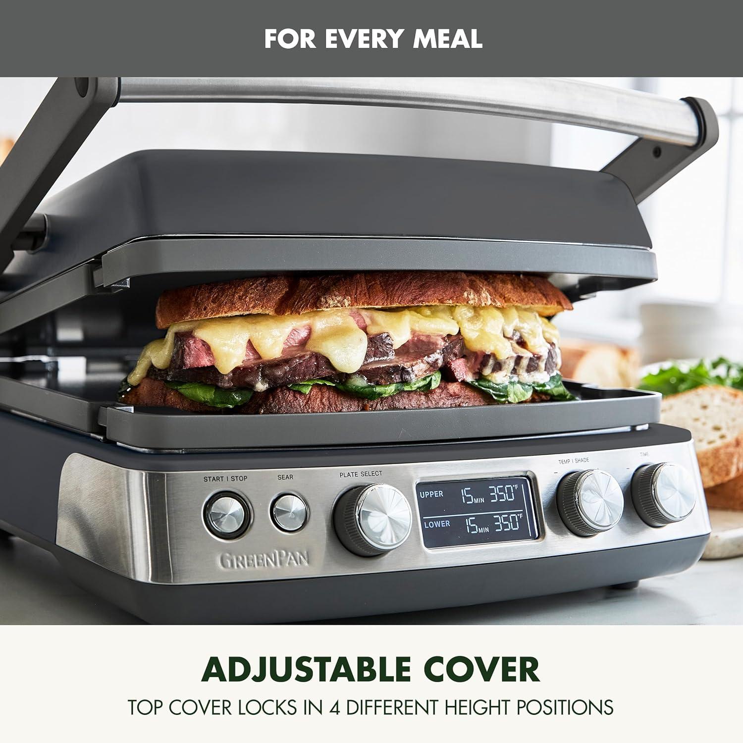 imageGreenPan Elite 7in1 MultiFunction Contact Grill amp Griddle Healthy Ceramic Nonstick Grill amp Waffle Plates Adjustable Shade amp Shear Closed PressOpen Flat Surface PFASFree Cream WhiteGraphite