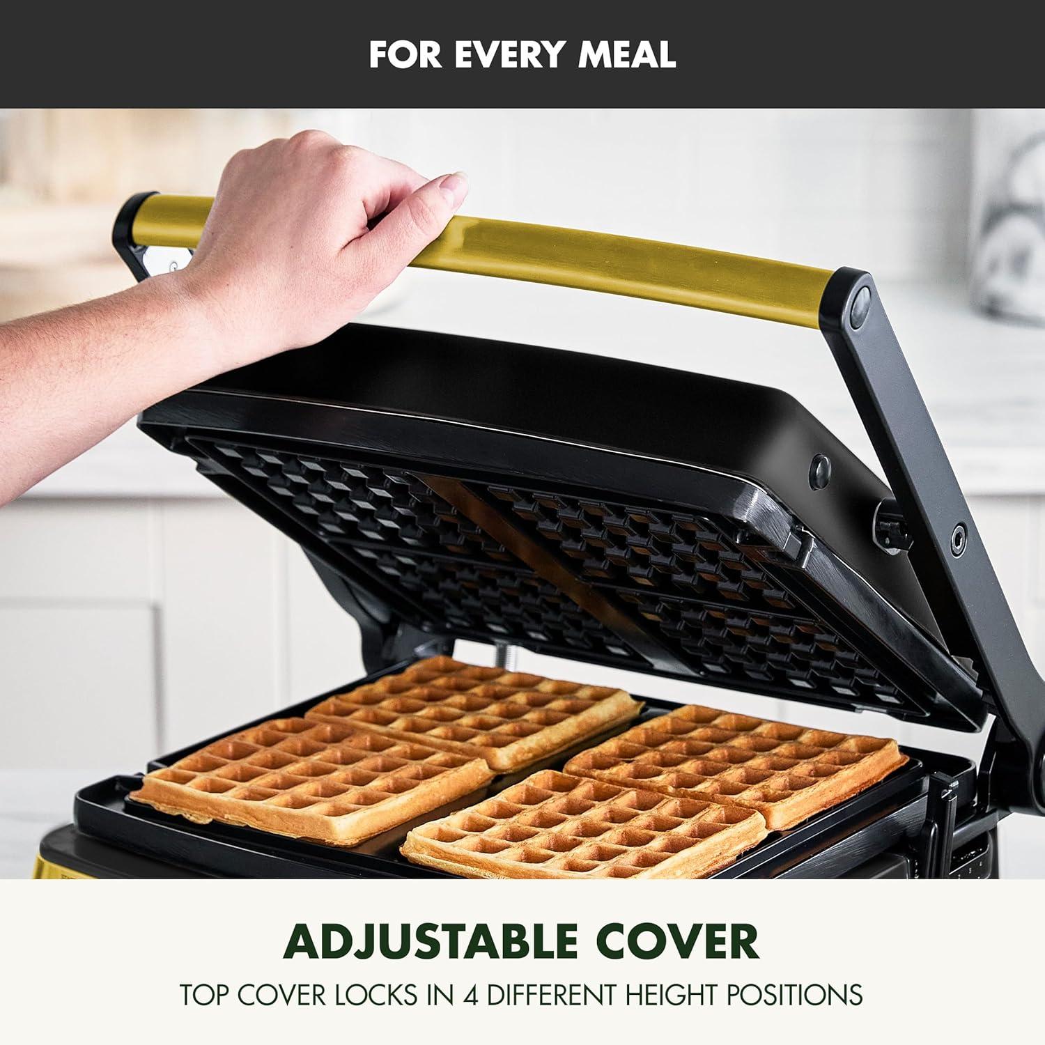 imageGreenPan Elite 7in1 MultiFunction Contact Grill amp Griddle Healthy Ceramic Nonstick Grill amp Waffle Plates Adjustable Shade amp Shear Closed PressOpen Flat Surface PFASFree Cream WhiteGold