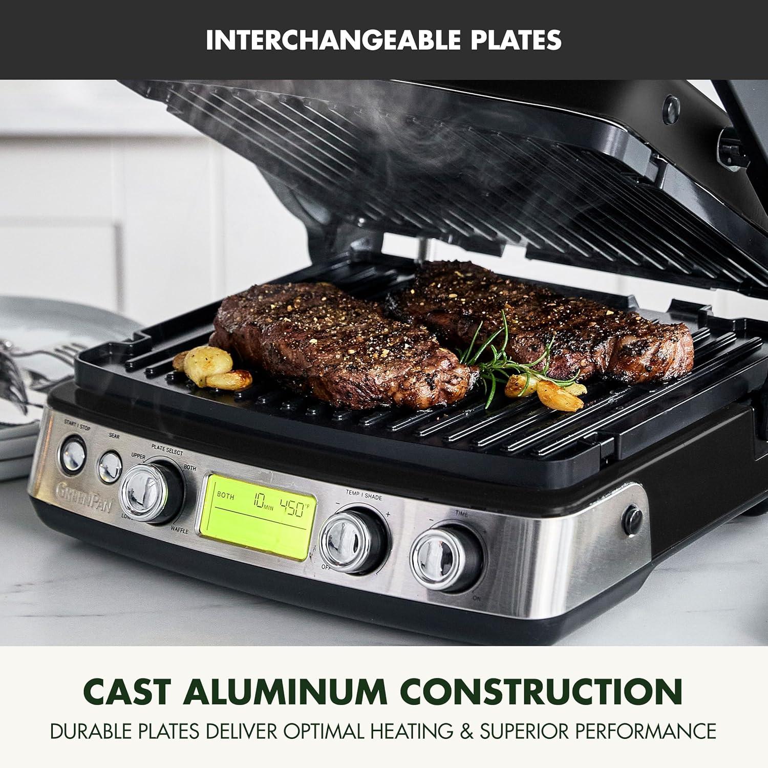 imageGreenPan Elite 7in1 MultiFunction Contact Grill amp Griddle Healthy Ceramic Nonstick Grill amp Waffle Plates Adjustable Shade amp Shear Closed PressOpen Flat Surface PFASFree Cream WhiteBlack