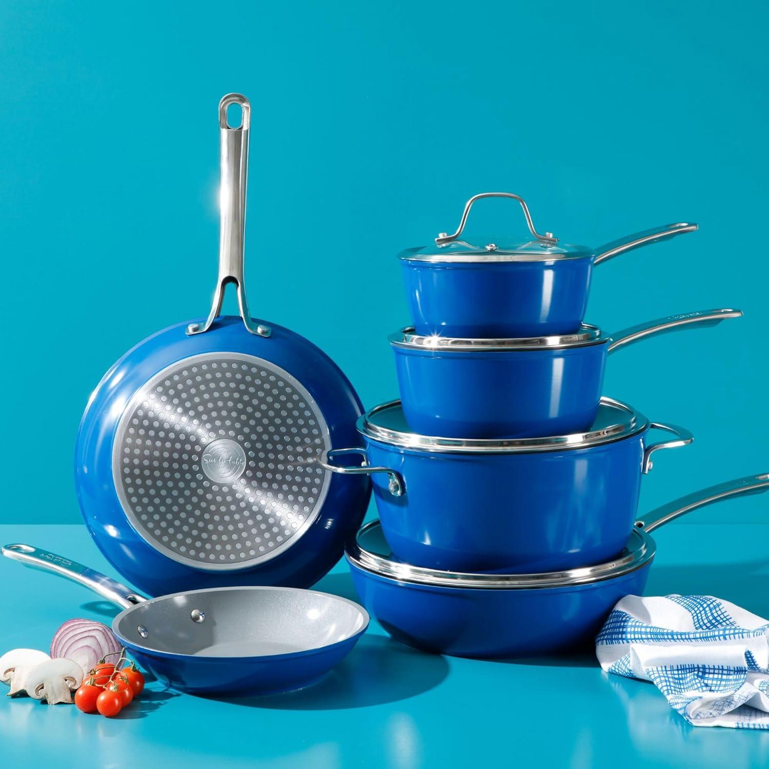 imageSur La Table Kitchen Essentials 10 Piece PFA Free NonToxic Titanium Ceramic Nonstick Interior Forged Aluminum Cookware Pots and Pans Set Linen White Induction CompatibleBlue
