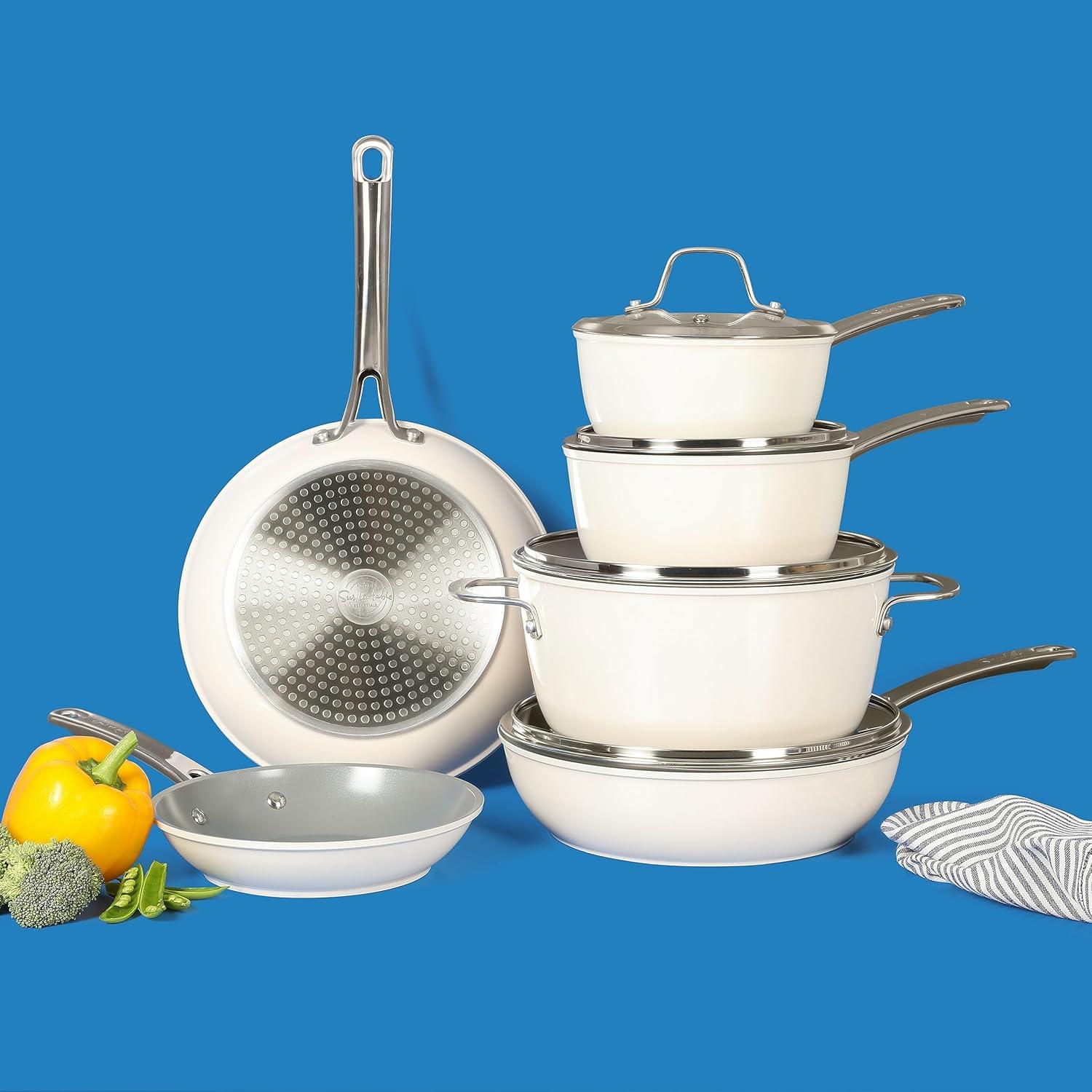 imageSur La Table Kitchen Essentials 10 Piece PFA Free NonToxic Titanium Ceramic Nonstick Interior Forged Aluminum Cookware Pots and Pans Set Linen White Induction CompatibleLinen White