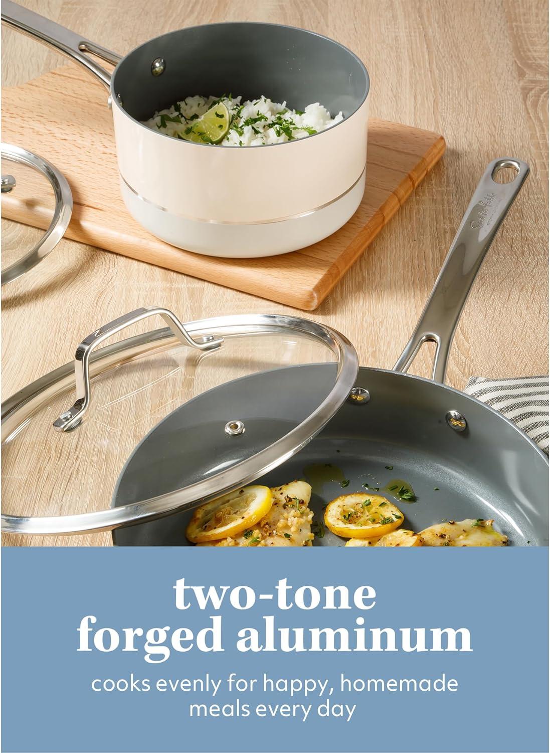 imageSur La Table Kitchen Essentials 10 Piece PFA Free NonToxic Titanium Ceramic Nonstick Interior Forged Aluminum Cookware Pots and Pans Set Linen White Induction CompatibleTwoTone White Silver