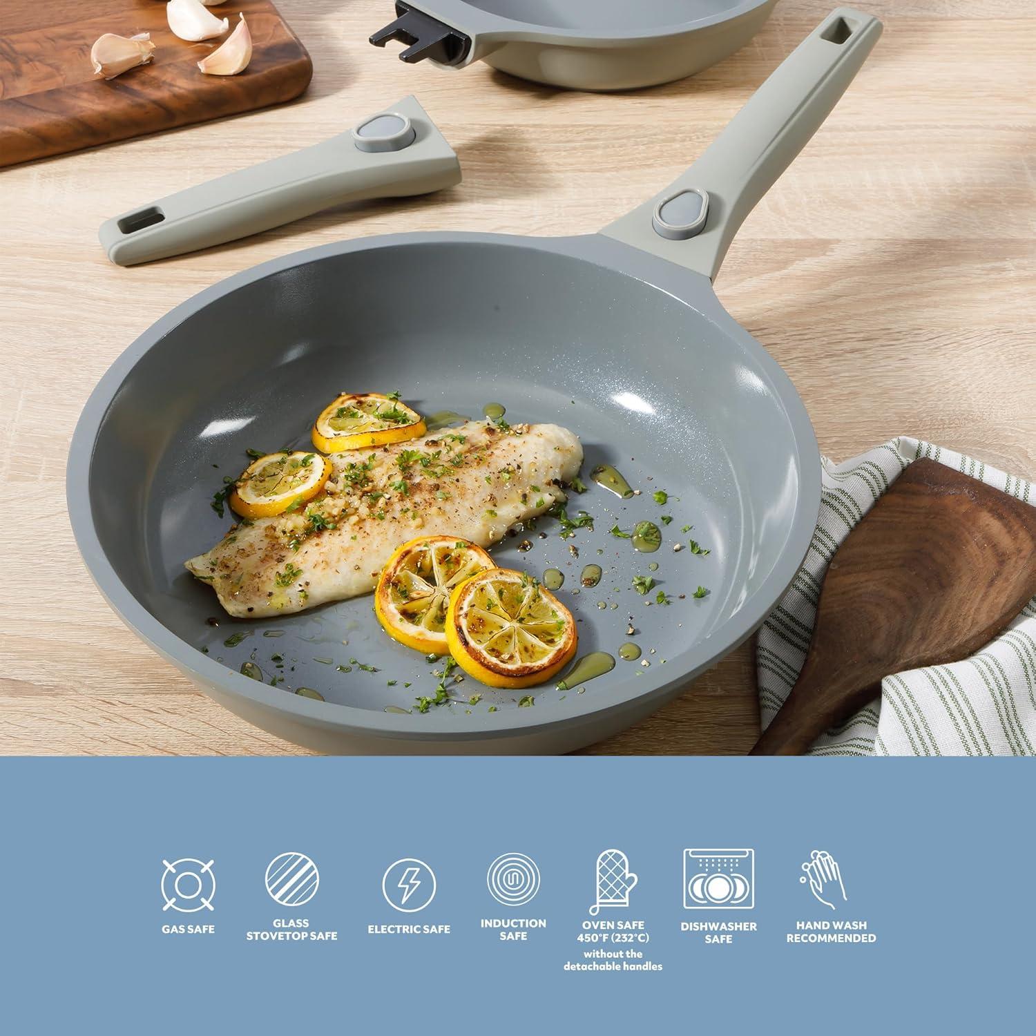 imageSur La Table Kitchen Essentials 13 Piece Detachable Handle Pots and Pans Premium PFA Free Premium Ceramic Non Stick Induction Safe and Secure Removable Handle Cookware Set Eggshell WhiteEggshell White