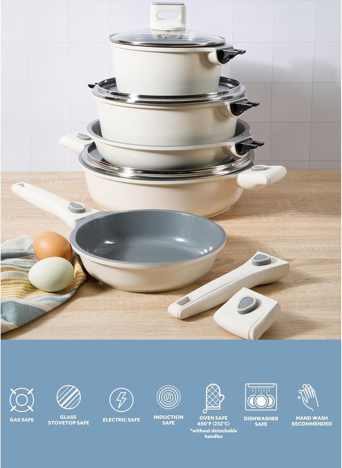 imageSur La Table Kitchen Essentials 13 Piece Detachable Handle Pots and Pans Premium PFA Free Premium Ceramic Non Stick Induction Safe and Secure Removable Handle Cookware Set Eggshell WhiteEggshell White