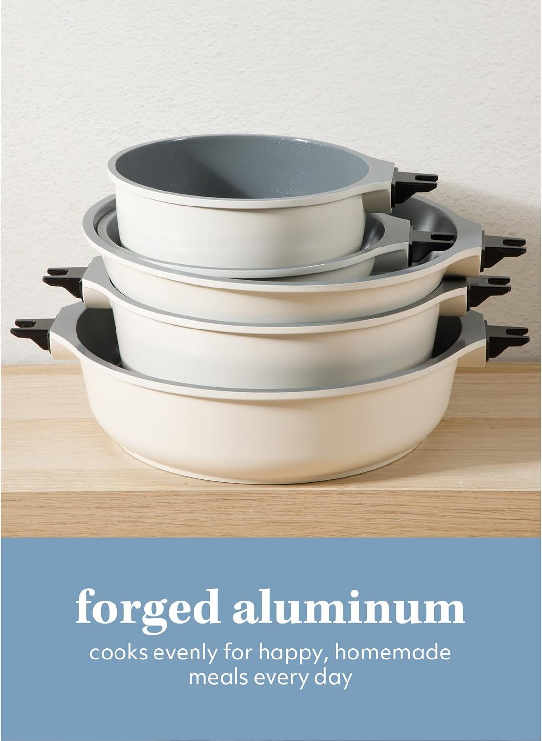 imageSur La Table Kitchen Essentials 13 Piece Detachable Handle Pots and Pans Premium PFA Free Premium Ceramic Non Stick Induction Safe and Secure Removable Handle Cookware Set Eggshell WhiteEggshell White