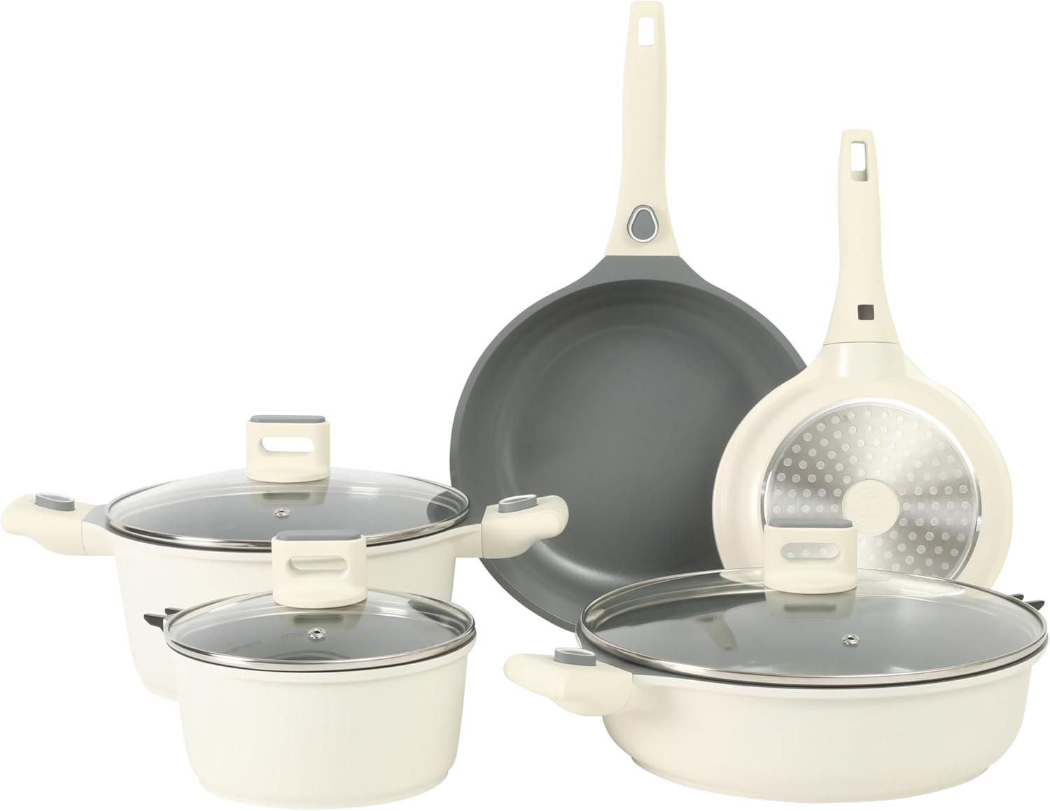 imageSur La Table Kitchen Essentials 13 Piece Detachable Handle Pots and Pans Premium PFA Free Premium Ceramic Non Stick Induction Safe and Secure Removable Handle Cookware Set Eggshell WhiteEggshell White
