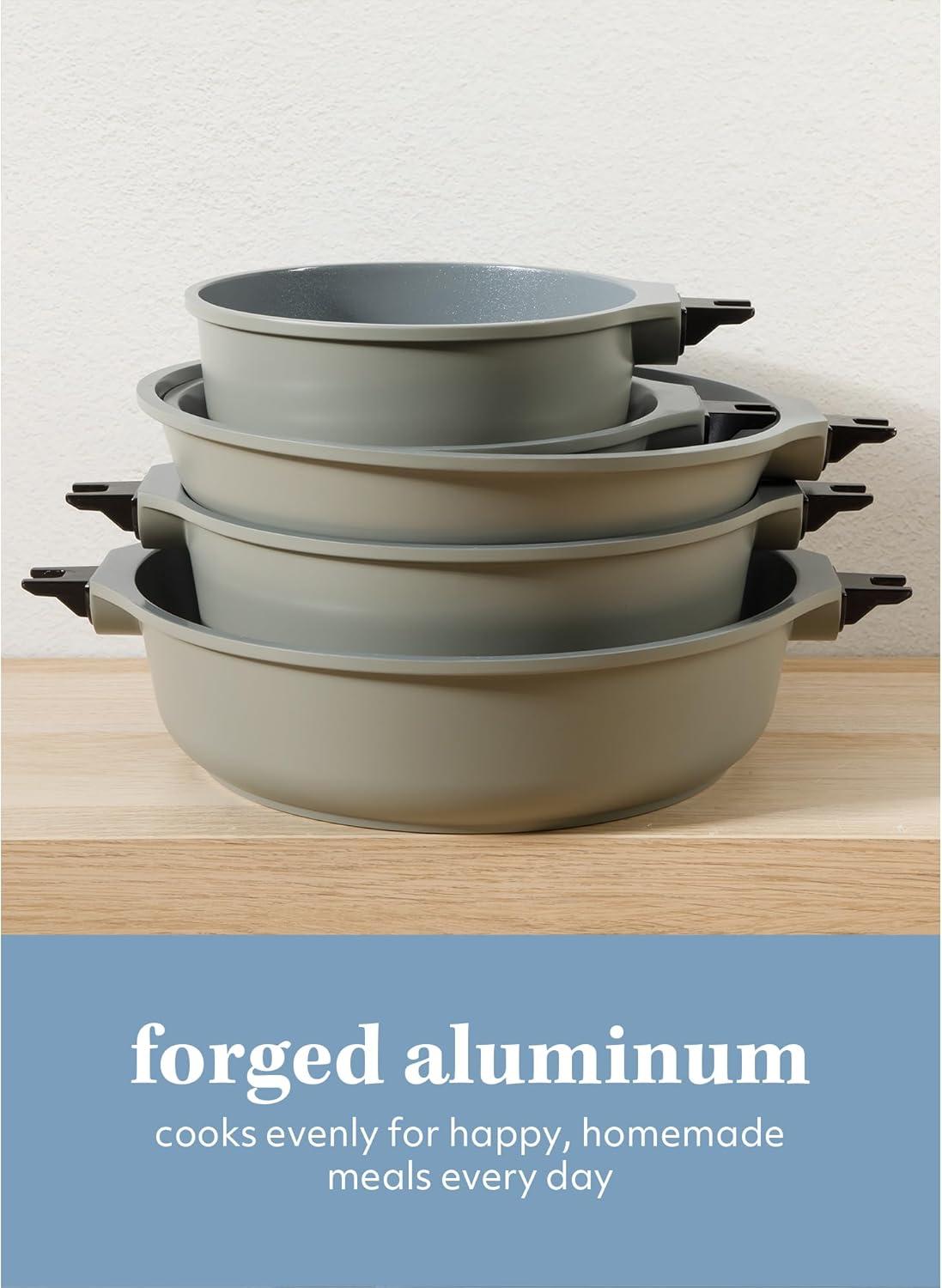 imageSur La Table Kitchen Essentials 13 Piece Detachable Handle Pots and Pans Premium PFA Free Premium Ceramic Non Stick Induction Safe and Secure Removable Handle Cookware Set Eggshell WhiteJuniper Green
