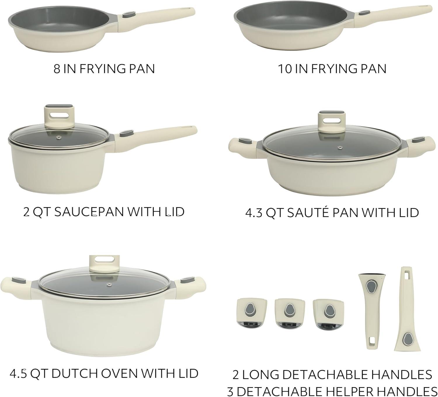 imageSur La Table Kitchen Essentials 13 Piece Detachable Handle Pots and Pans Premium PFA Free Premium Ceramic Non Stick Induction Safe and Secure Removable Handle Cookware Set Eggshell WhiteEggshell White