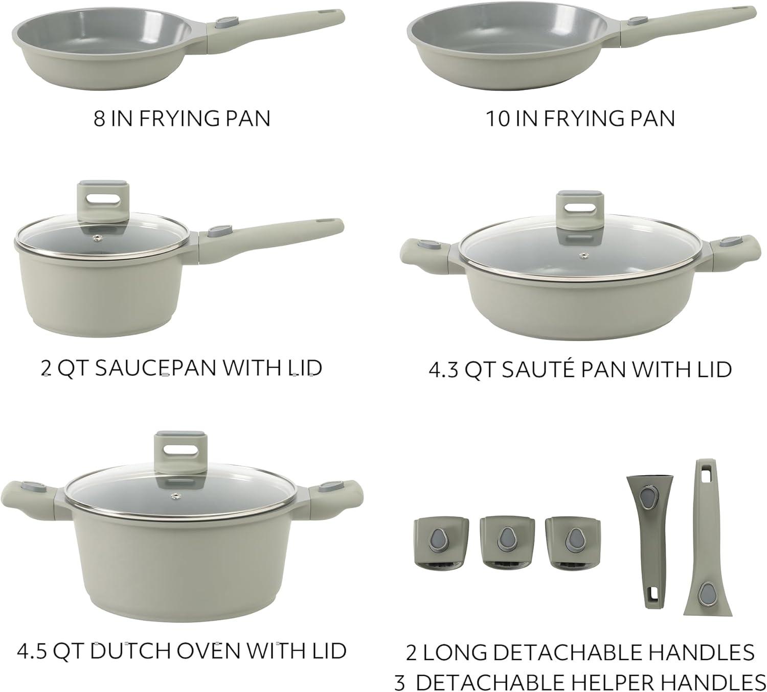 imageSur La Table Kitchen Essentials 13 Piece Detachable Handle Pots and Pans Premium PFA Free Premium Ceramic Non Stick Induction Safe and Secure Removable Handle Cookware Set Eggshell WhiteJuniper Green