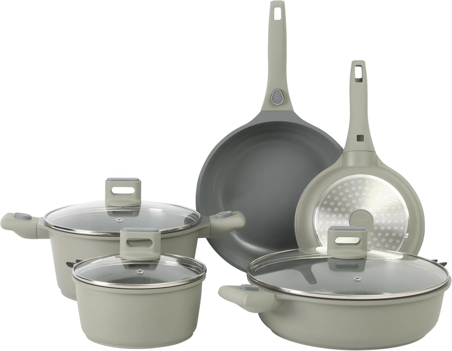 imageSur La Table Kitchen Essentials 13 Piece Detachable Handle Pots and Pans Premium PFA Free Premium Ceramic Non Stick Induction Safe and Secure Removable Handle Cookware Set Eggshell WhiteJuniper Green