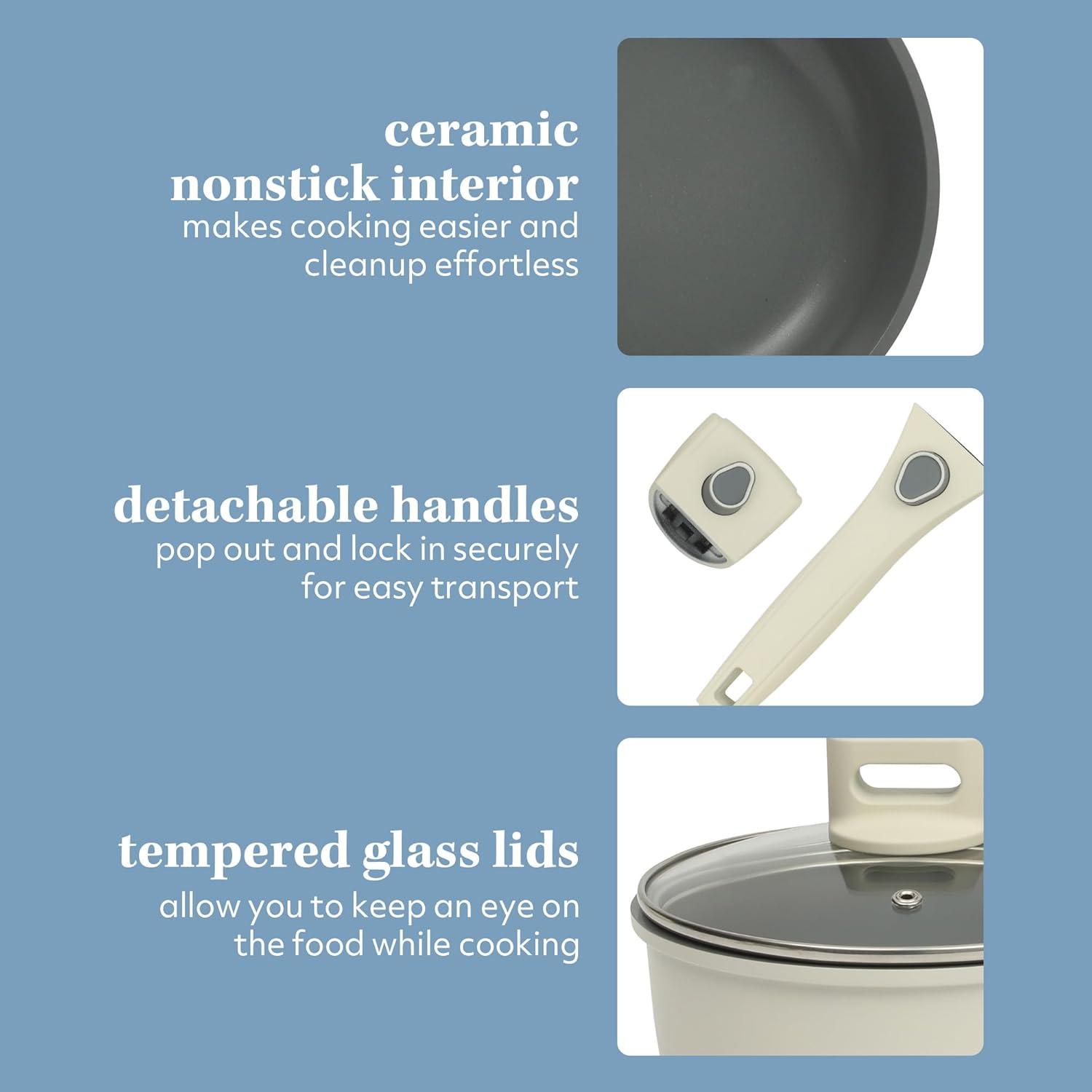 imageSur La Table Kitchen Essentials 13 Piece Detachable Handle Pots and Pans Premium PFA Free Premium Ceramic Non Stick Induction Safe and Secure Removable Handle Cookware Set Eggshell WhiteEggshell White