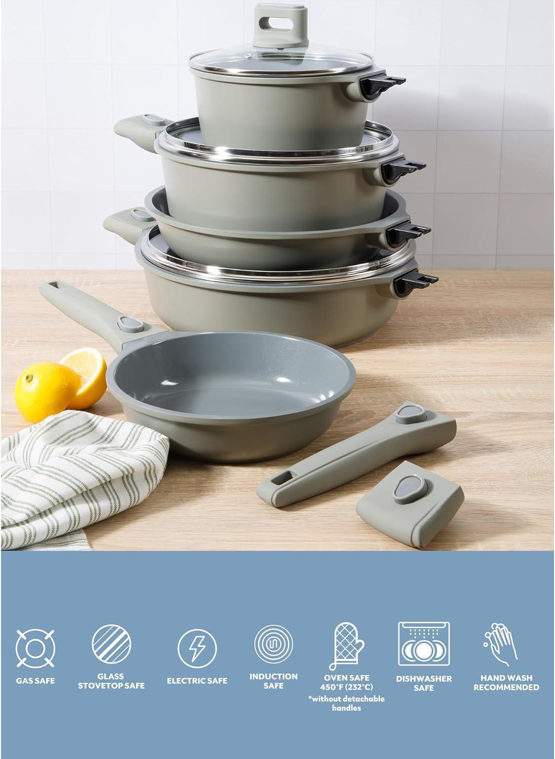imageSur La Table Kitchen Essentials 13 Piece Detachable Handle Pots and Pans Premium PFA Free Premium Ceramic Non Stick Induction Safe and Secure Removable Handle Cookware Set Eggshell WhiteJuniper Green