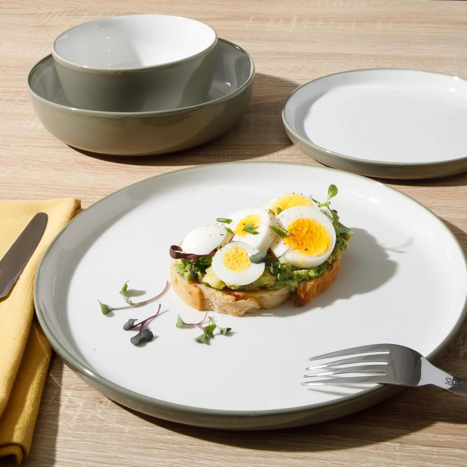 imageSur La Table Kitchen Essentials 16 Piece TwoTone Porcelain Chip and Scratch Resistant Dinnerware Plates and Bowls Set GreenWhiteGreyWhite