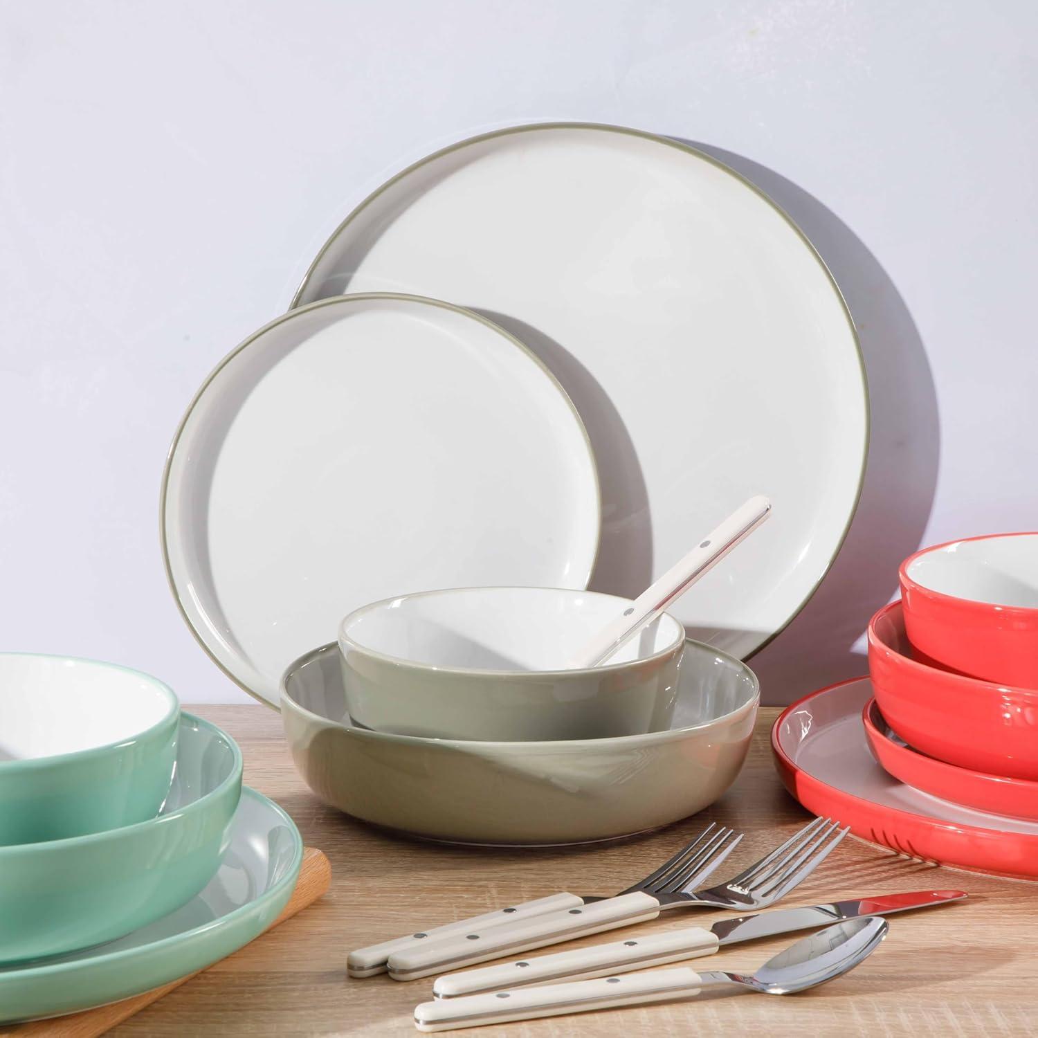 imageSur La Table Kitchen Essentials 16 Piece TwoTone Porcelain Chip and Scratch Resistant Dinnerware Plates and Bowls Set GreenWhiteGreyWhite