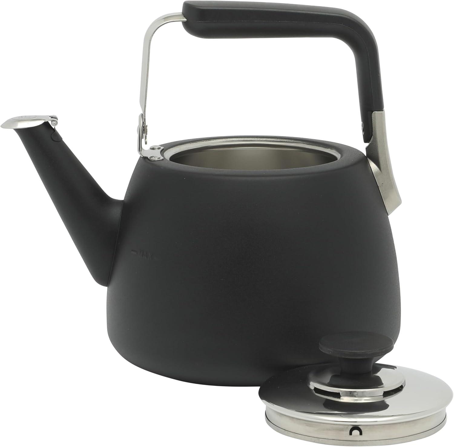 imageSur La Table Kitchen Essentials 2 Qt Heavy Gauge Brushed Stainless Steel Whistling Tea Kettle Durable Stovetop KettleMatte Black