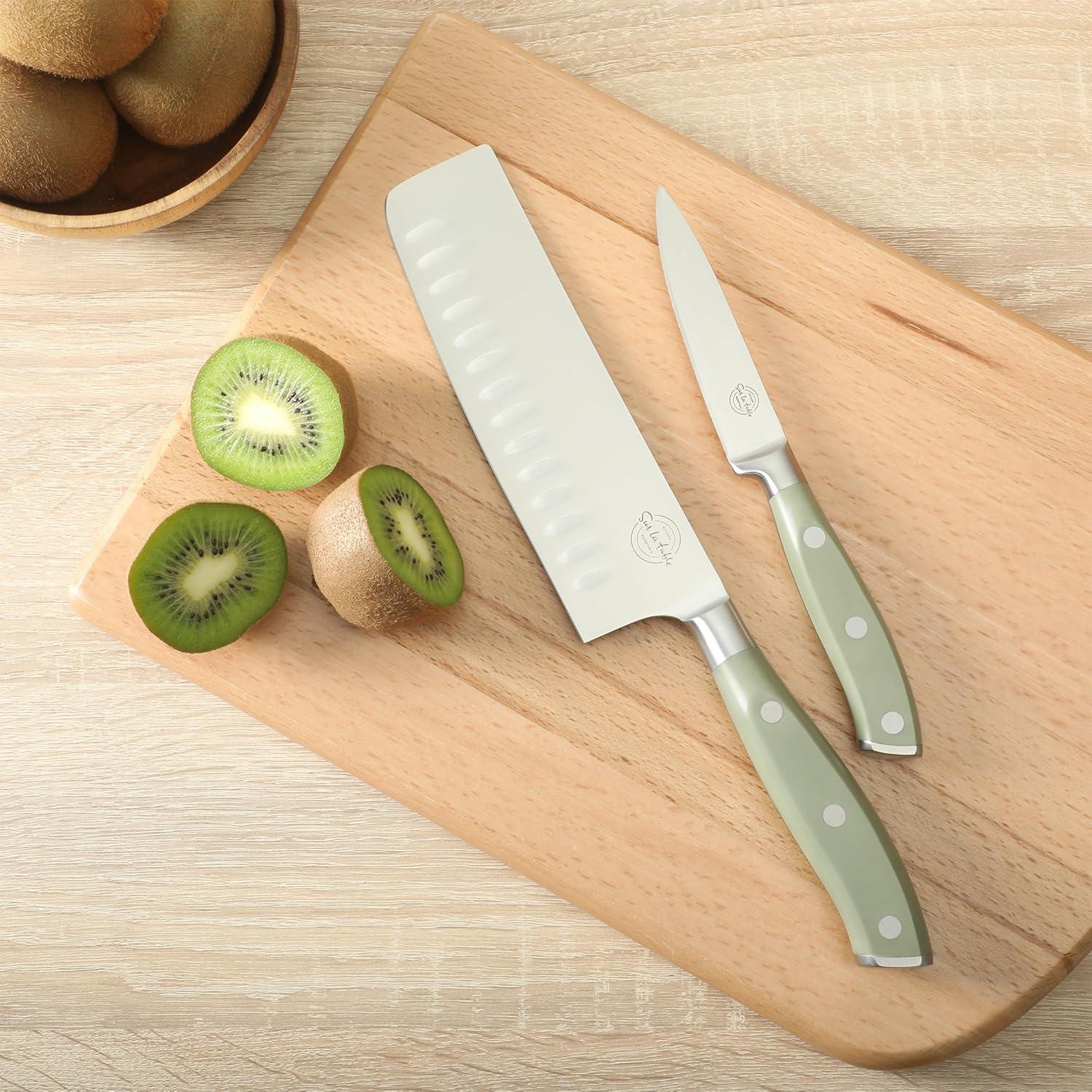 imageSur La Table Kitchen Essentials 5 Piece German Steel Blade wTriple Riveted Handle Set on Beechwood Magnetic Block Linen WhiteJuniper Green