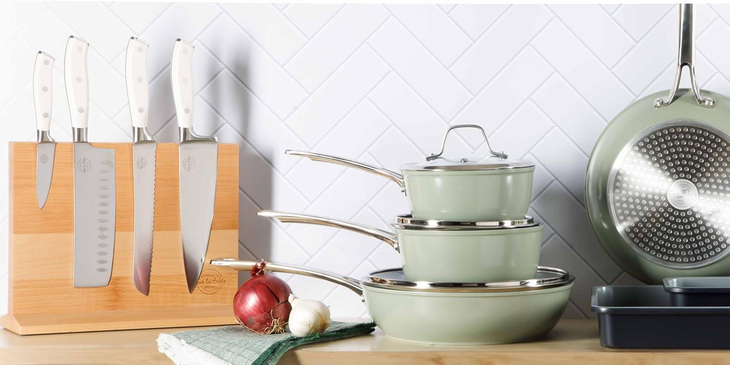 imageSur La Table Kitchen Essentials 5 Piece German Steel Blade wTriple Riveted Handle Set on Beechwood Magnetic Block Linen WhiteLinen White