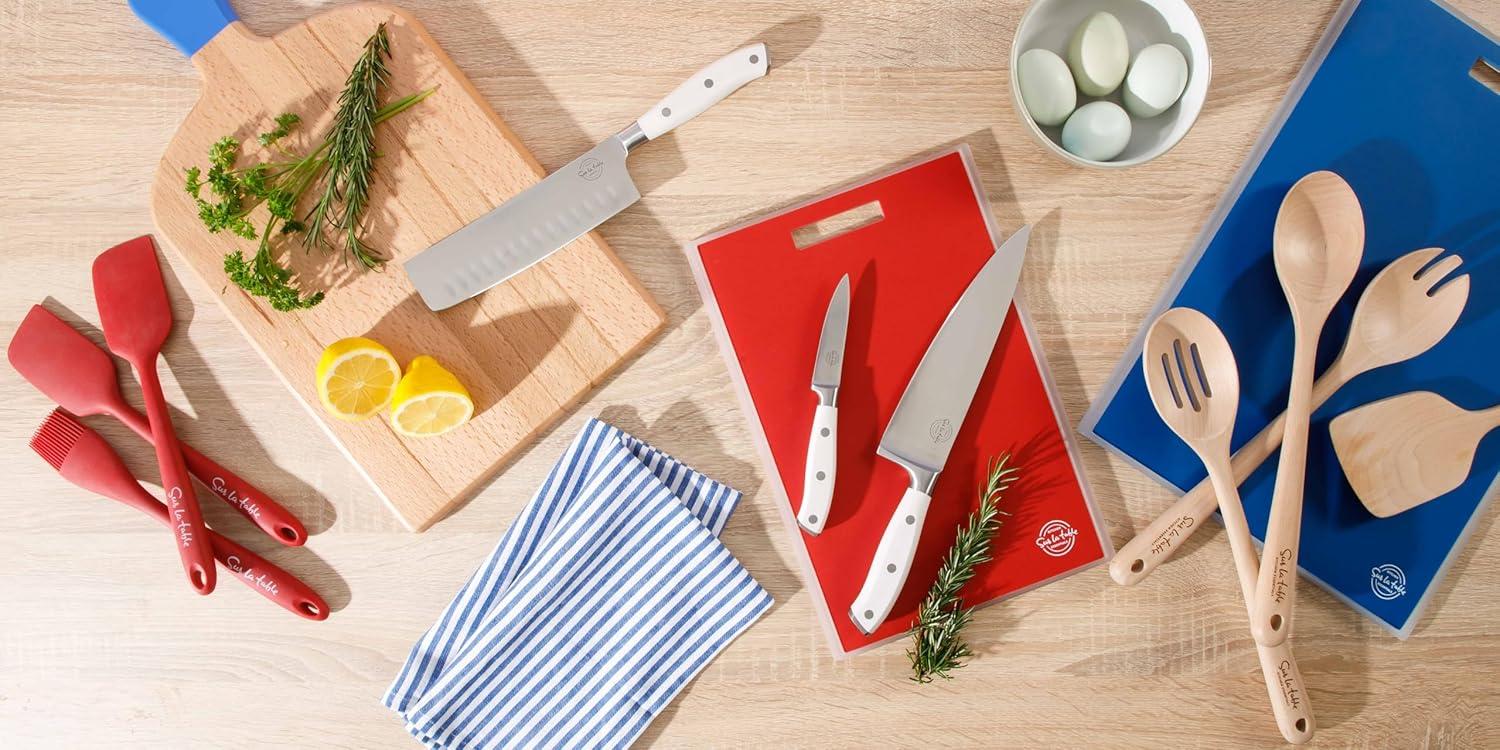 imageSur La Table Kitchen Essentials 5 Piece German Steel Blade wTriple Riveted Handle Set on Beechwood Magnetic Block Linen WhiteLinen White