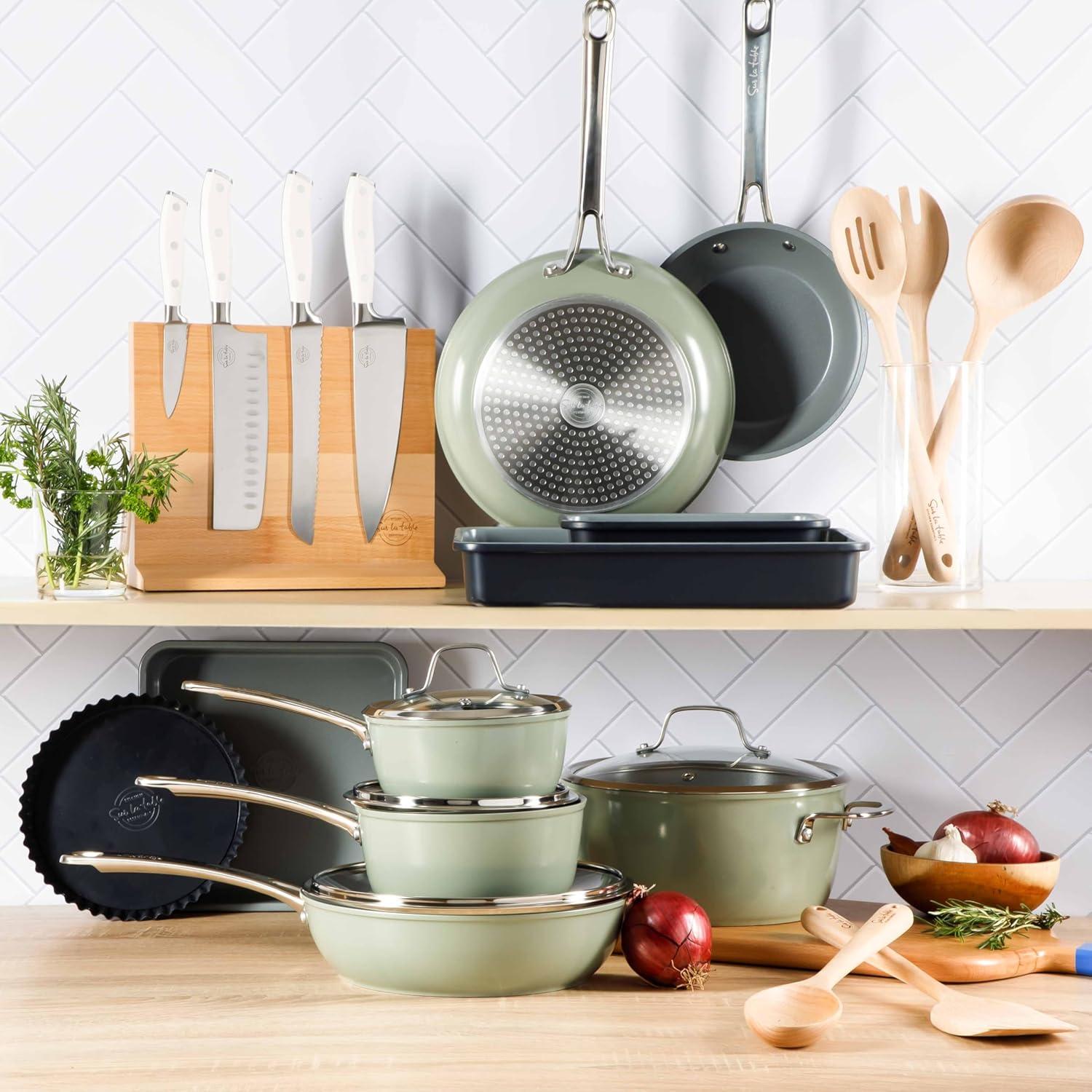 imageSur La Table Kitchen Essentials 5 Piece German Steel Blade wTriple Riveted Handle Set on Beechwood Magnetic Block Linen WhiteLinen White