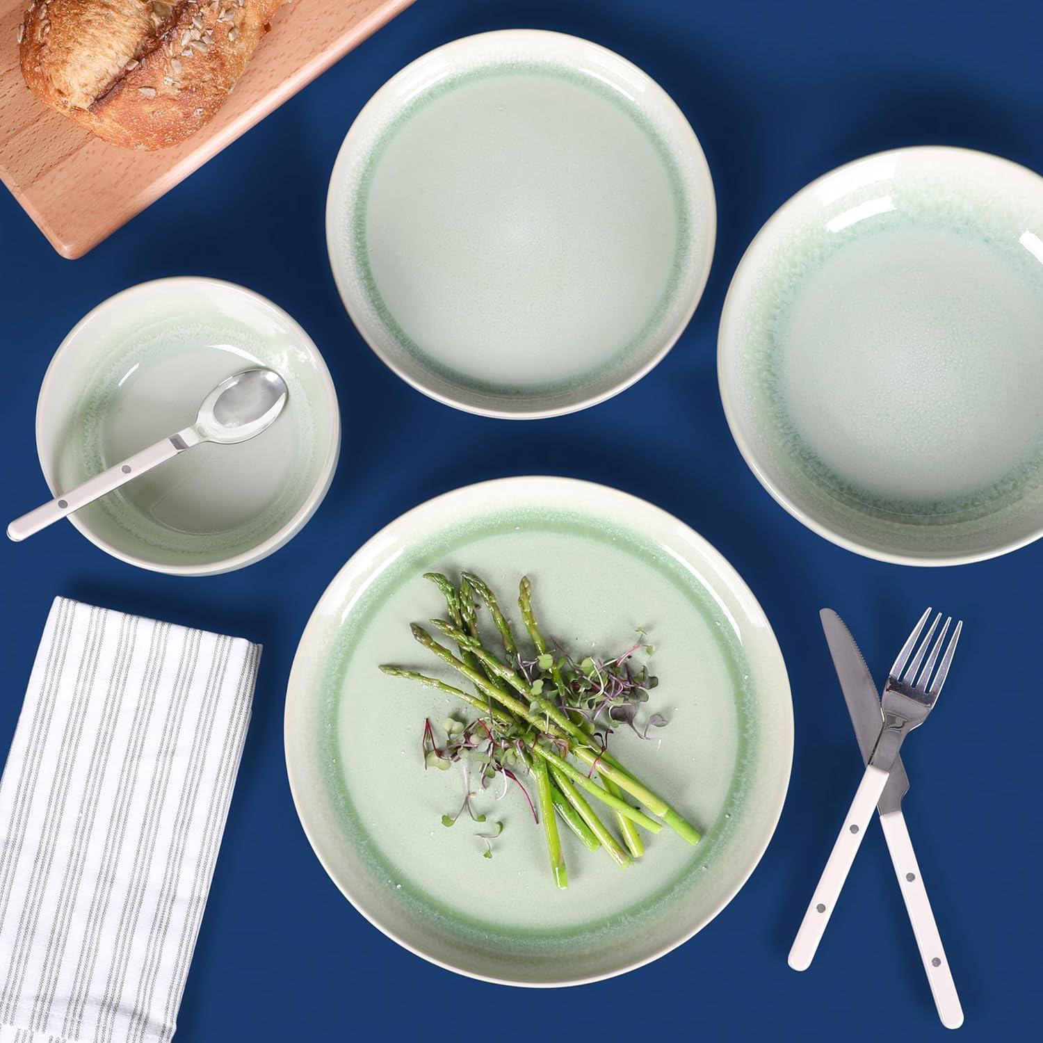 imageSur La Table Kitchen Essentials Banquette 16 Piece Double Bowl Plates and Bowls Reactive Glaze Stoneware Dinnerware Set GreenGreen