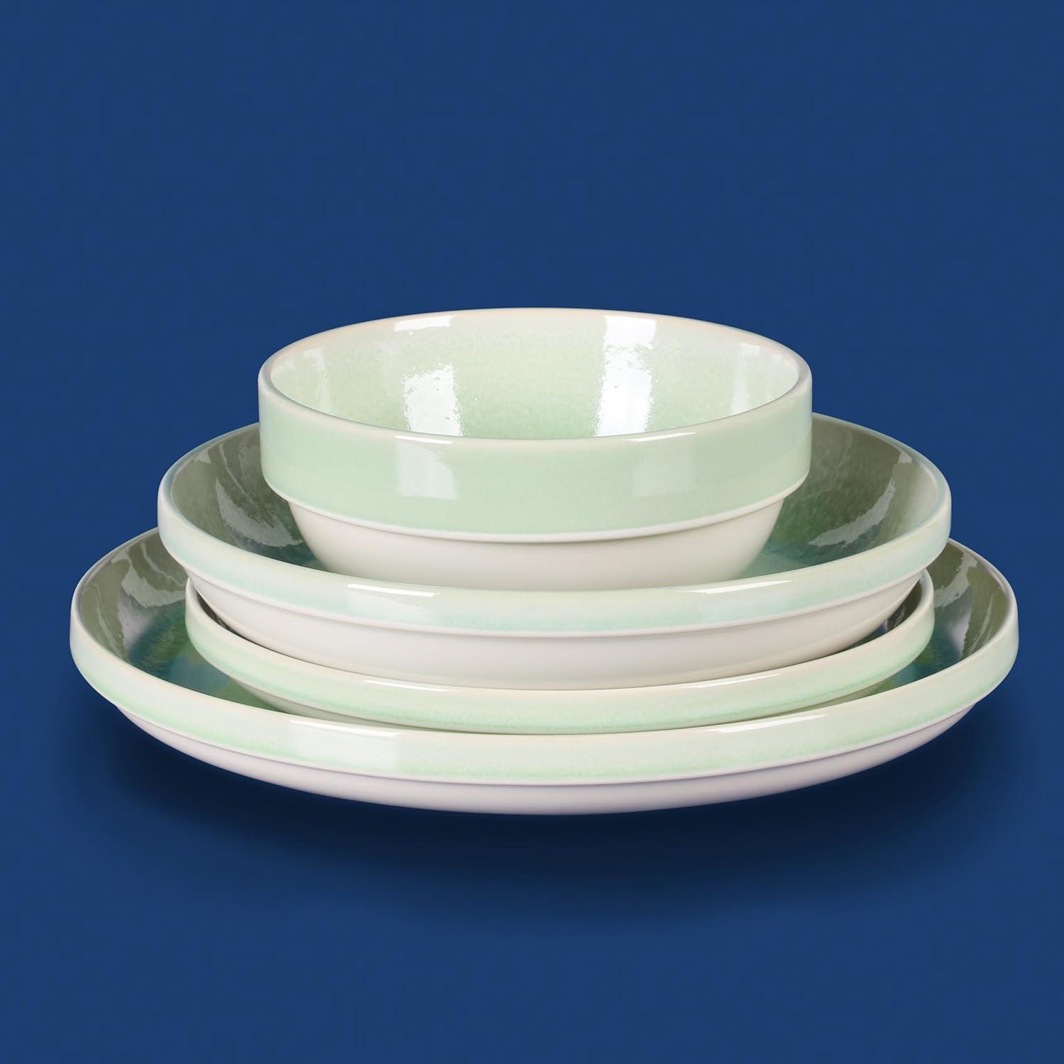 imageSur La Table Kitchen Essentials Banquette 16 Piece Double Bowl Plates and Bowls Reactive Glaze Stoneware Dinnerware Set GreenGreen