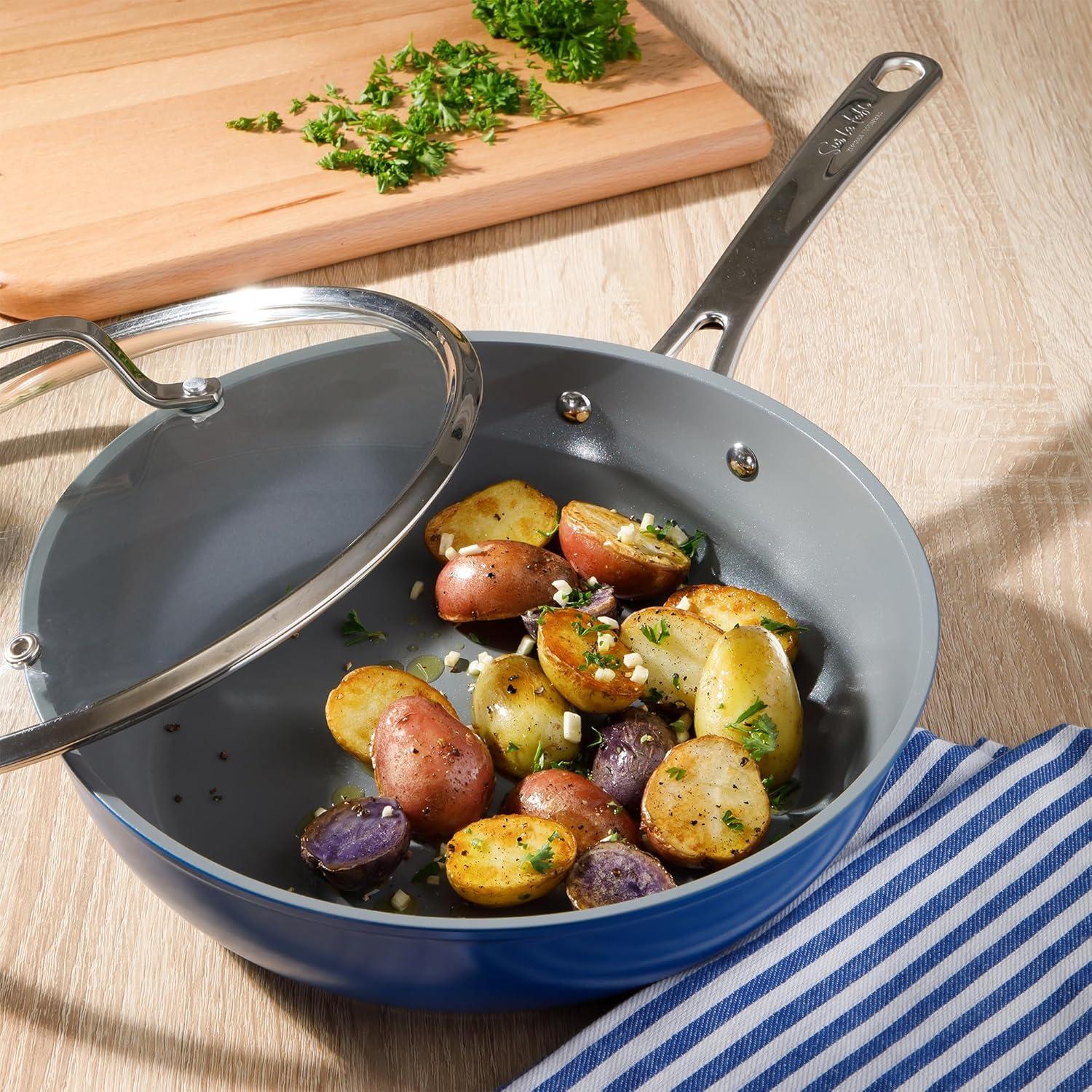 imageSur La Table Kitchen Essentials Cool Commune Hard Anodized 10 Piece PFA Free Ceramic Non stick Interior Forged Durable Aluminum Pots and Pans Cookware Set Black Induction CompatibleBlue Hard Anodized Aluminum