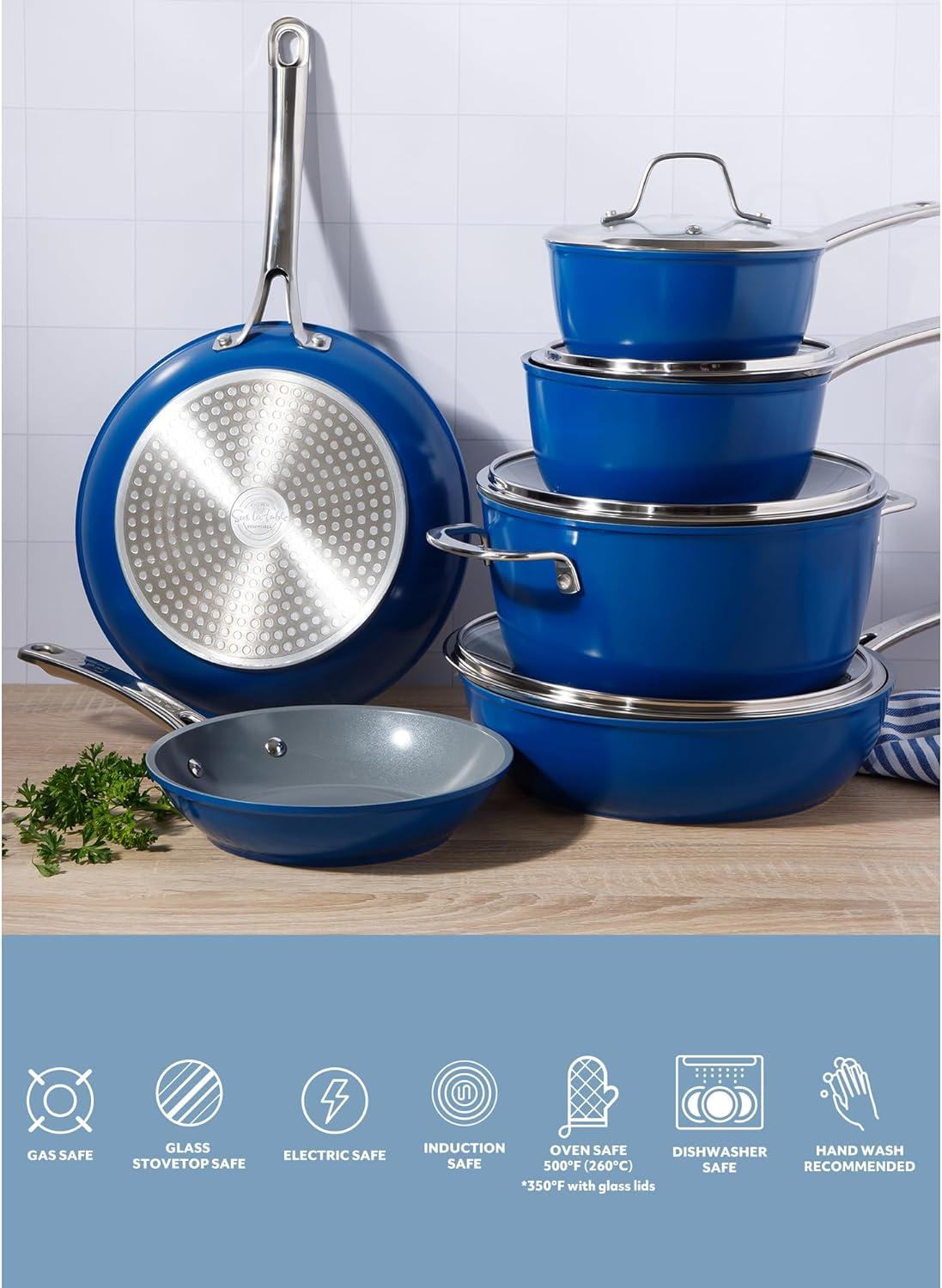 imageSur La Table Kitchen Essentials Cool Commune Hard Anodized 10 Piece PFA Free Ceramic Non stick Interior Forged Durable Aluminum Pots and Pans Cookware Set Black Induction CompatibleBlue Hard Anodized Aluminum