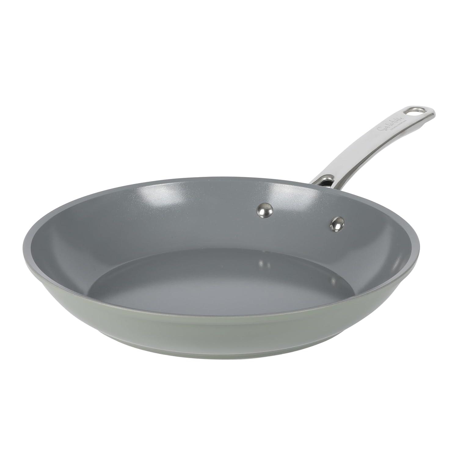 imageSur La Table Kitchen Essentials Large 12 Inch Fry Pan PFA Free Titanium Ceramic Nonstick Interior Forged Aluminum Cookware Frying Pan Green Induction CompatibleGreen