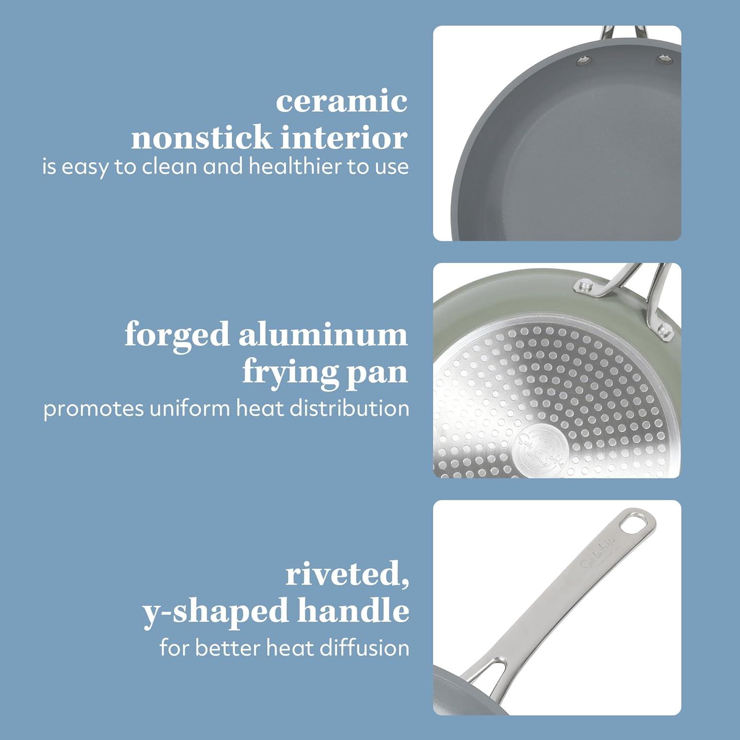imageSur La Table Kitchen Essentials Large 12 Inch Fry Pan PFA Free Titanium Ceramic Nonstick Interior Forged Aluminum Cookware Frying Pan Green Induction CompatibleGreen