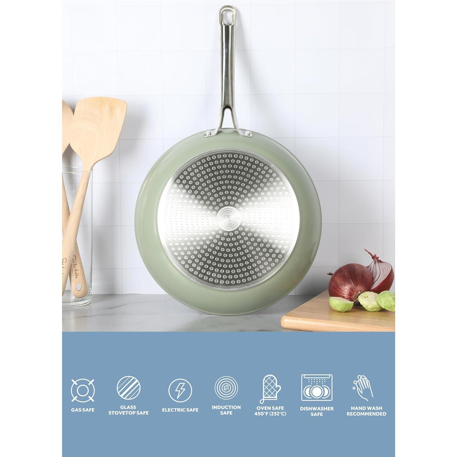 imageSur La Table Kitchen Essentials Large 12 Inch Fry Pan PFA Free Titanium Ceramic Nonstick Interior Forged Aluminum Cookware Frying Pan Green Induction CompatibleGreen