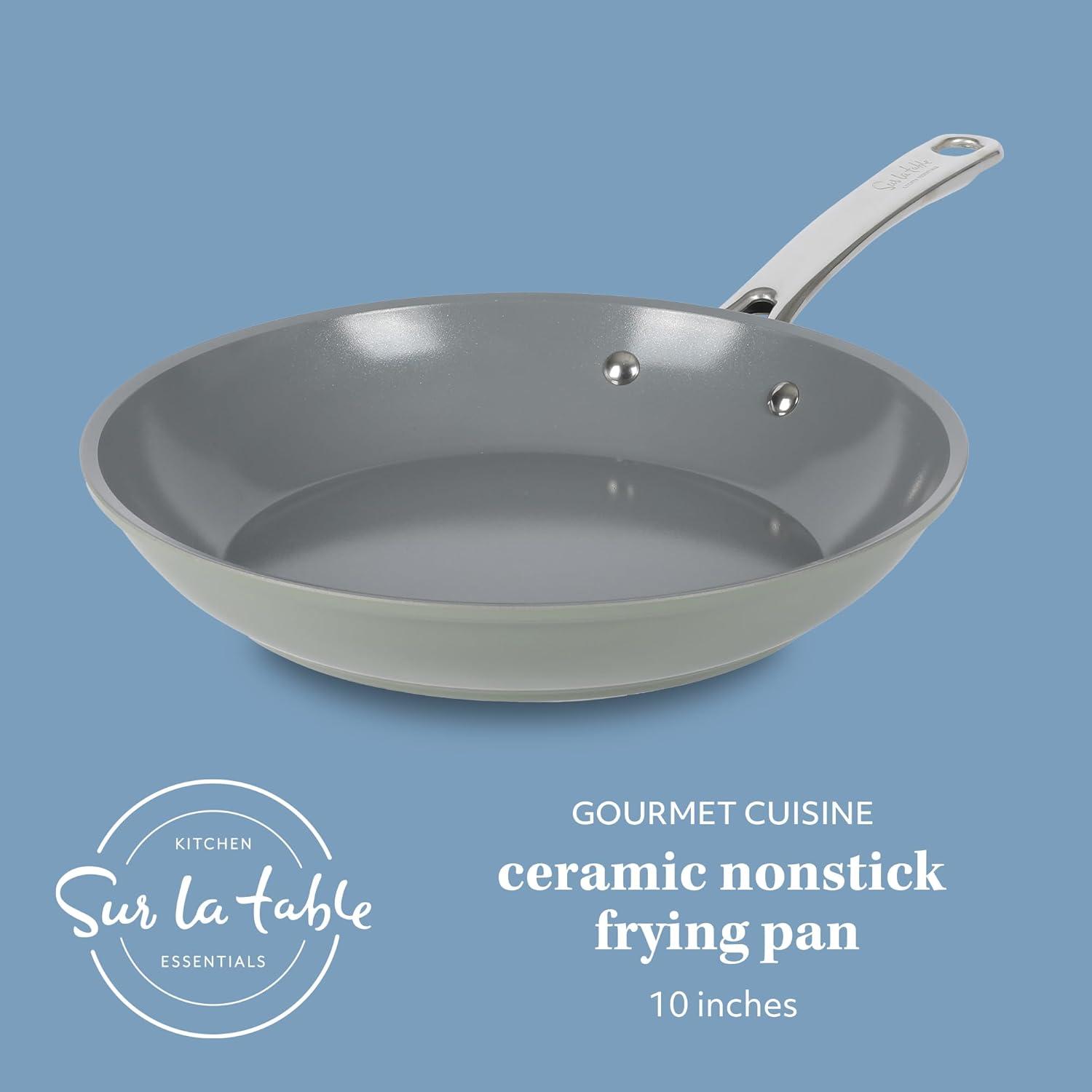 imageSur La Table Kitchen Essentials Large 12 Inch Fry Pan PFA Free Titanium Ceramic Nonstick Interior Forged Aluminum Cookware Frying Pan Green Induction CompatibleGreen