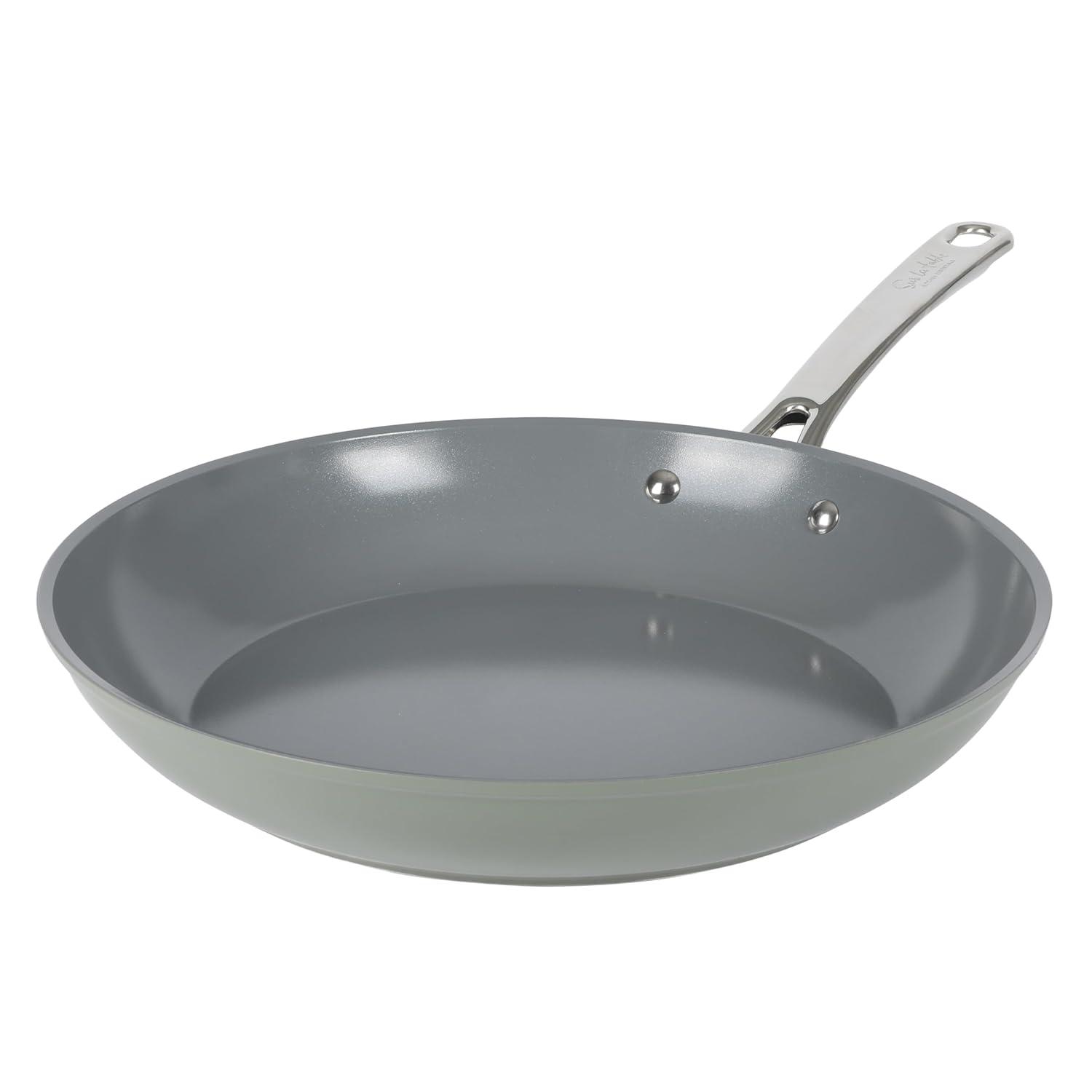 imageSur La Table Kitchen Essentials Large 12 Inch Fry Pan PFA Free Titanium Ceramic Nonstick Interior Forged Aluminum Cookware Frying Pan Green Induction CompatibleGreen