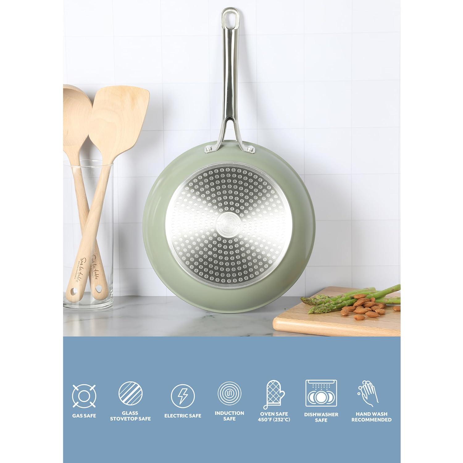imageSur La Table Kitchen Essentials Large 12 Inch Fry Pan PFA Free Titanium Ceramic Nonstick Interior Forged Aluminum Cookware Frying Pan Green Induction CompatibleGreen