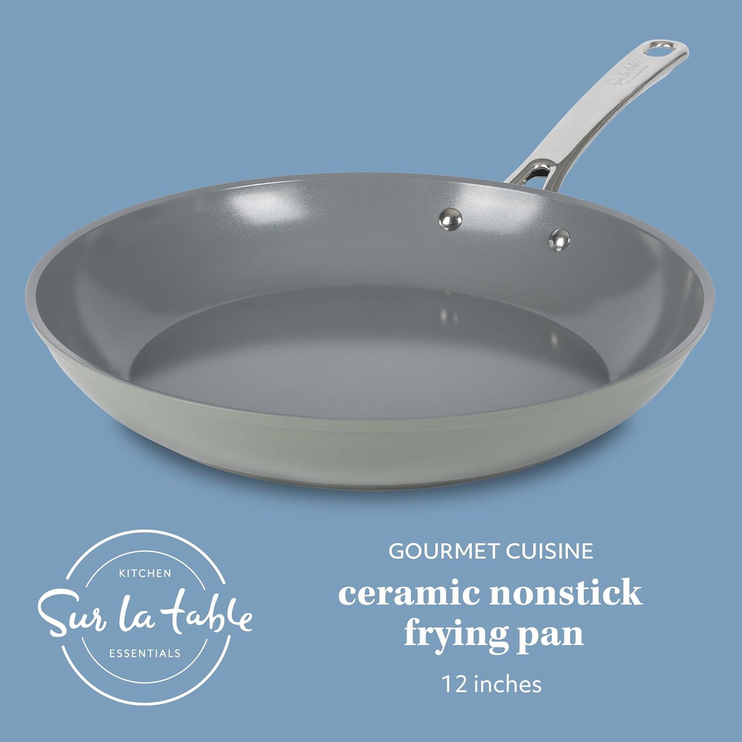 imageSur La Table Kitchen Essentials Large 12 Inch Fry Pan PFA Free Titanium Ceramic Nonstick Interior Forged Aluminum Cookware Frying Pan Green Induction CompatibleGreen