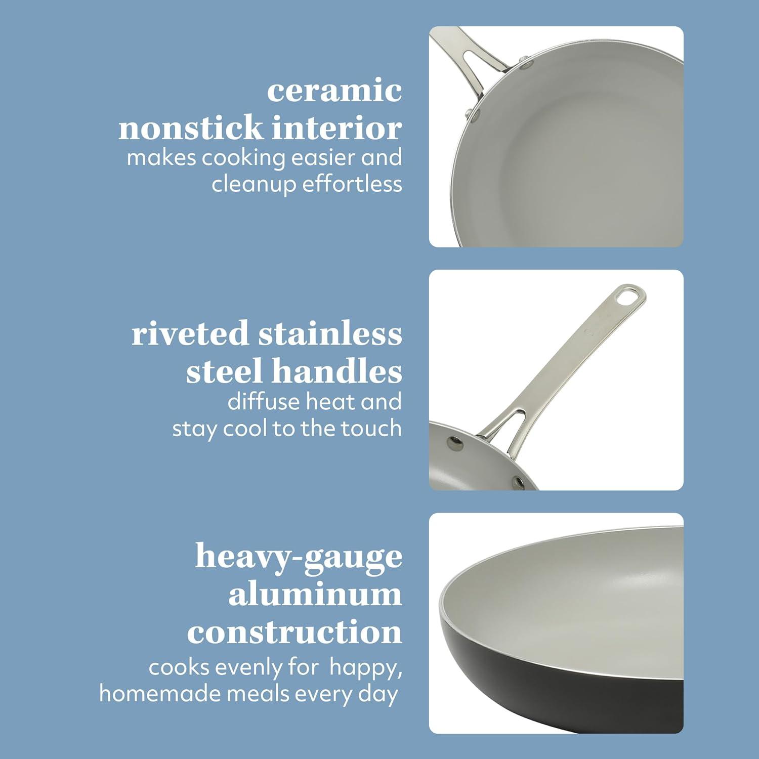 imageSur La Table Kitchen Essentials Potluck Porch 10 Piece PFA Free Ceramic Non stick Interior Forged Aluminum Cookware Pots and Pans Set WAluminum Lids Linen White Induction CompatibleBlack
