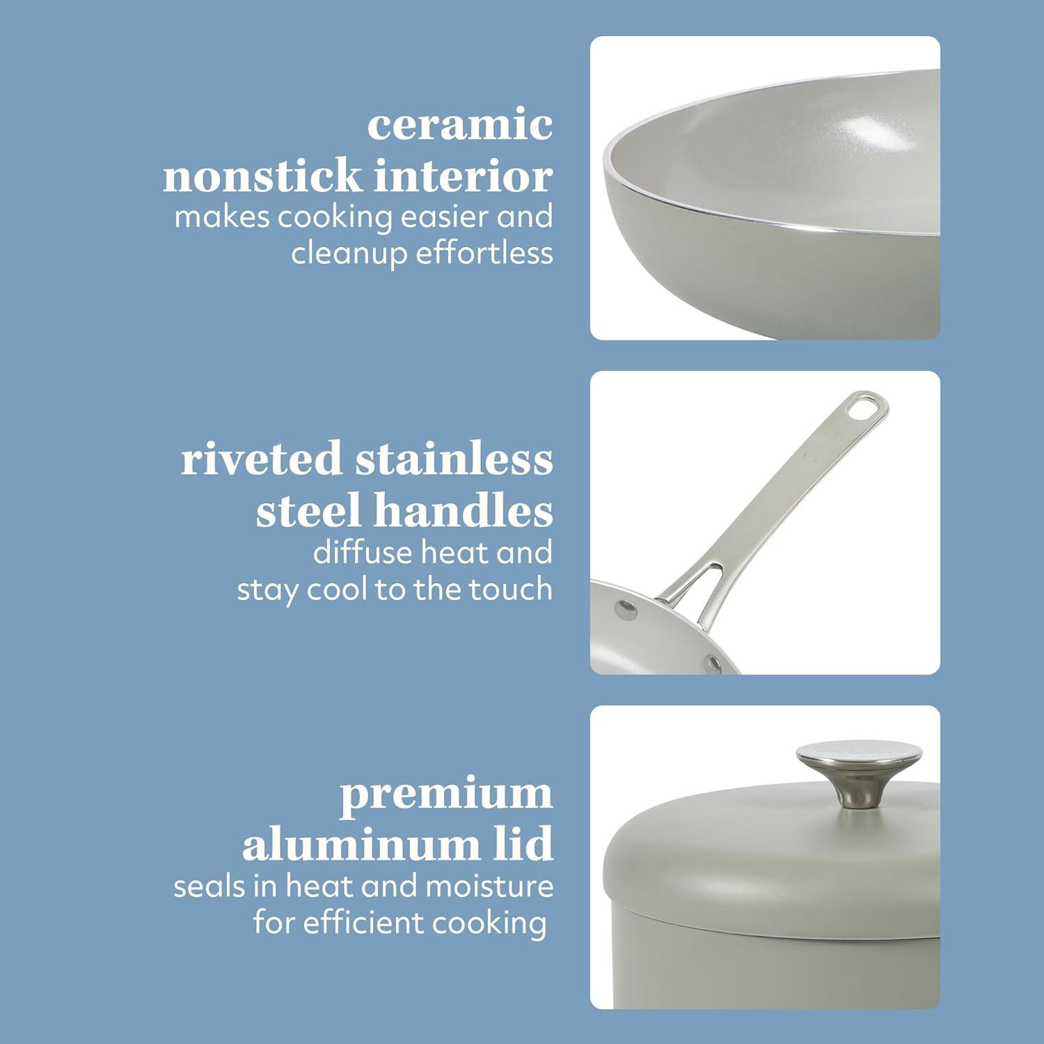 imageSur La Table Kitchen Essentials Potluck Porch 10 Piece PFA Free Ceramic Non stick Interior Forged Aluminum Cookware Pots and Pans Set WAluminum Lids Linen White Induction CompatibleGreen
