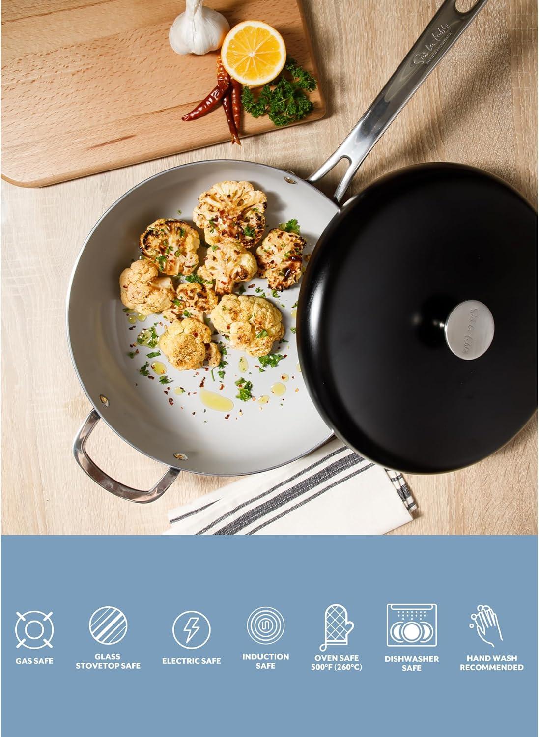 imageSur La Table Kitchen Essentials Potluck Porch 10 Piece PFA Free Ceramic Non stick Interior Forged Aluminum Cookware Pots and Pans Set WAluminum Lids Linen White Induction CompatibleBlack