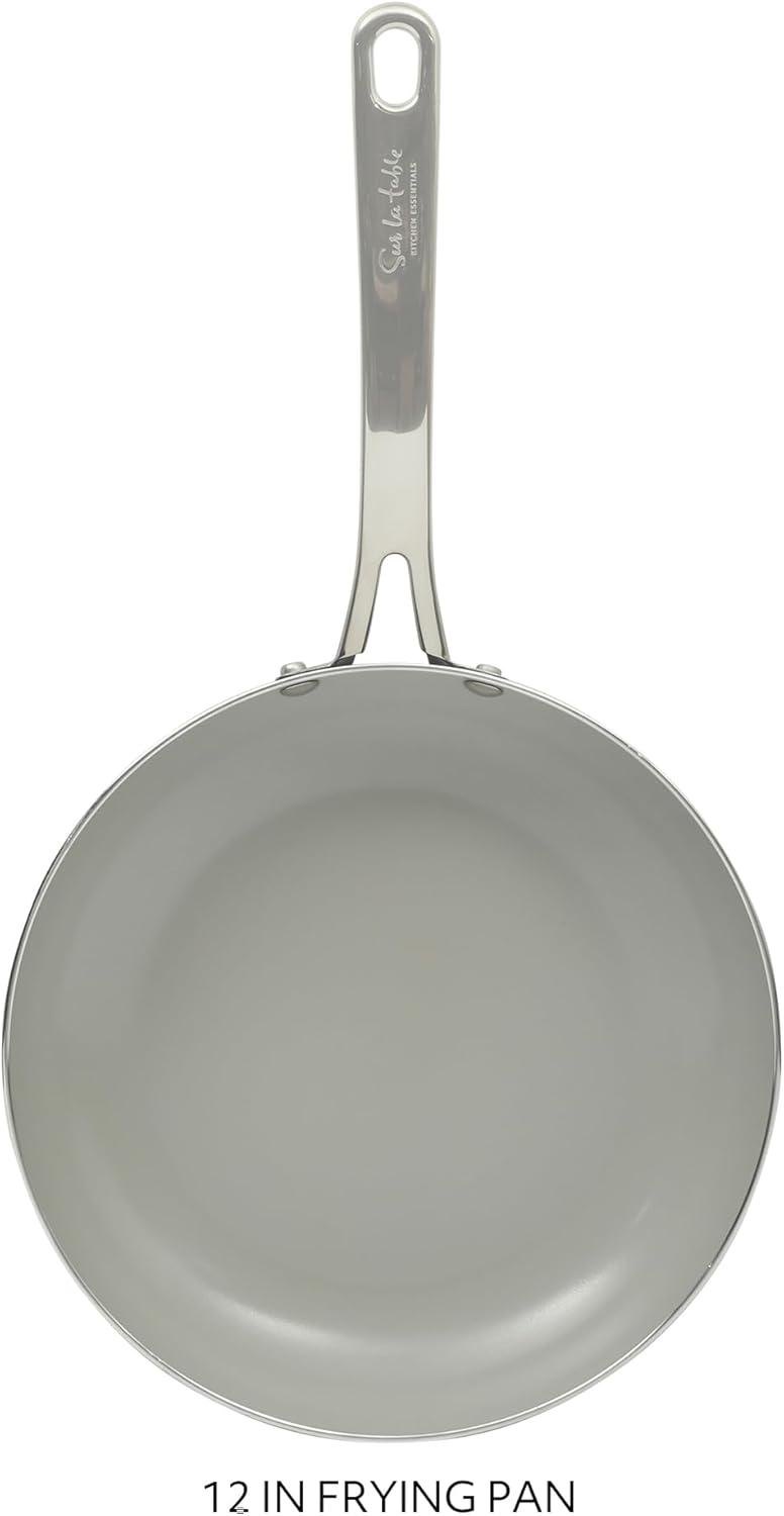 imageSur La Table Kitchen Essentials Potluck Porch 10 Piece PFA Free Ceramic Non stick Interior Forged Aluminum Cookware Pots and Pans Set WAluminum Lids Linen White Induction CompatibleBlack