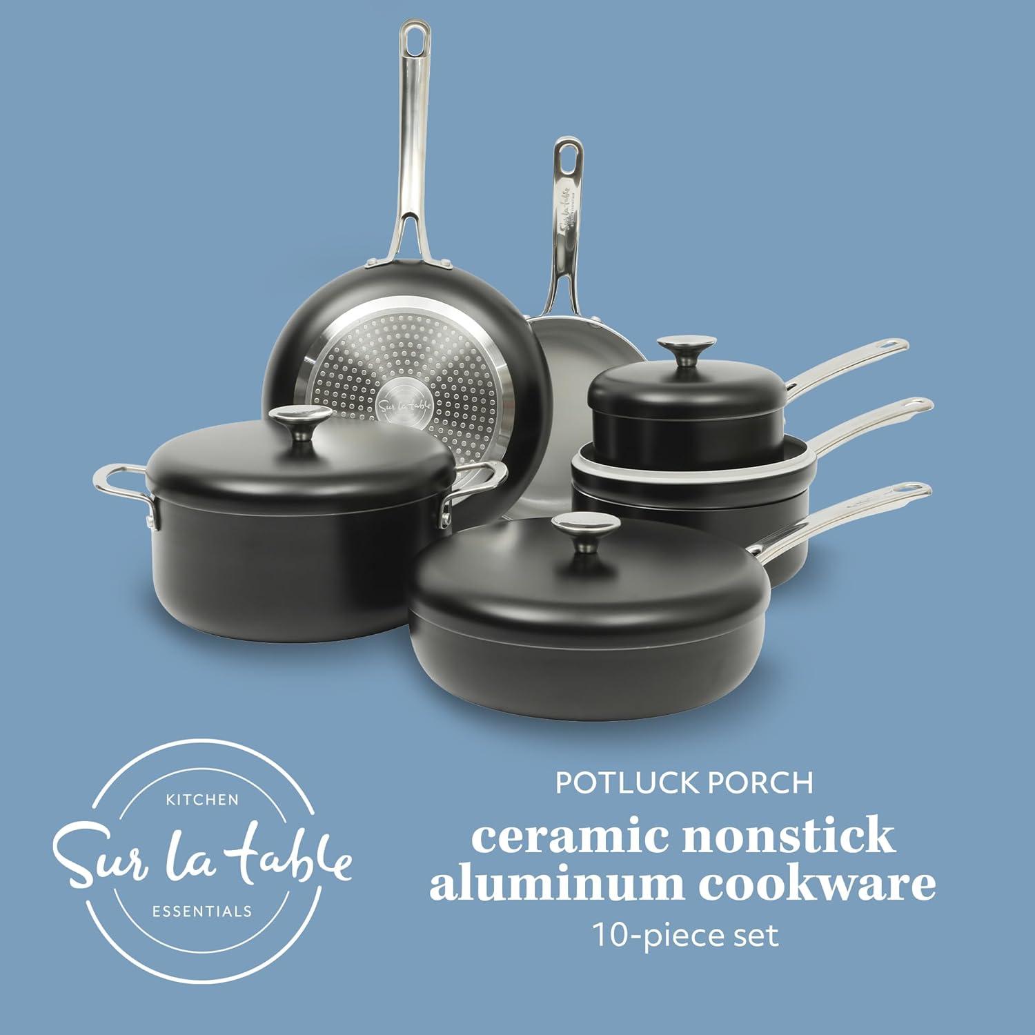 imageSur La Table Kitchen Essentials Potluck Porch 10 Piece PFA Free Ceramic Non stick Interior Forged Aluminum Cookware Pots and Pans Set WAluminum Lids Linen White Induction CompatibleBlack