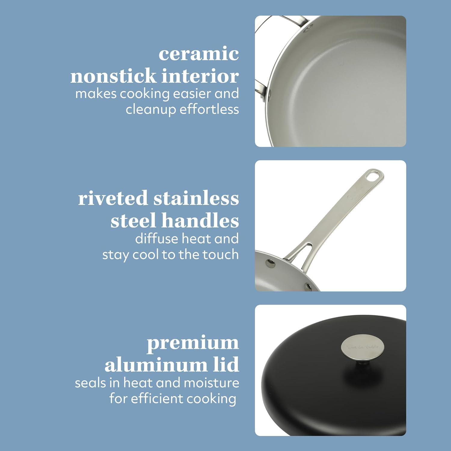 imageSur La Table Kitchen Essentials Potluck Porch 10 Piece PFA Free Ceramic Non stick Interior Forged Aluminum Cookware Pots and Pans Set WAluminum Lids Linen White Induction CompatibleBlack