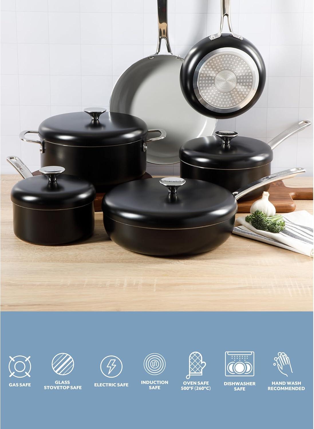 imageSur La Table Kitchen Essentials Potluck Porch 10 Piece PFA Free Ceramic Non stick Interior Forged Aluminum Cookware Pots and Pans Set WAluminum Lids Linen White Induction CompatibleBlack