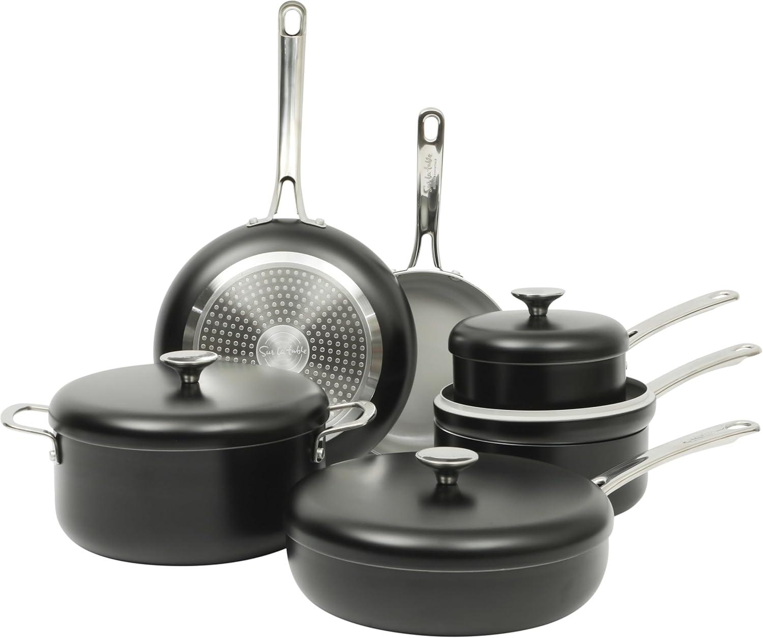 imageSur La Table Kitchen Essentials Potluck Porch 10 Piece PFA Free Ceramic Non stick Interior Forged Aluminum Cookware Pots and Pans Set WAluminum Lids Linen White Induction CompatibleBlack