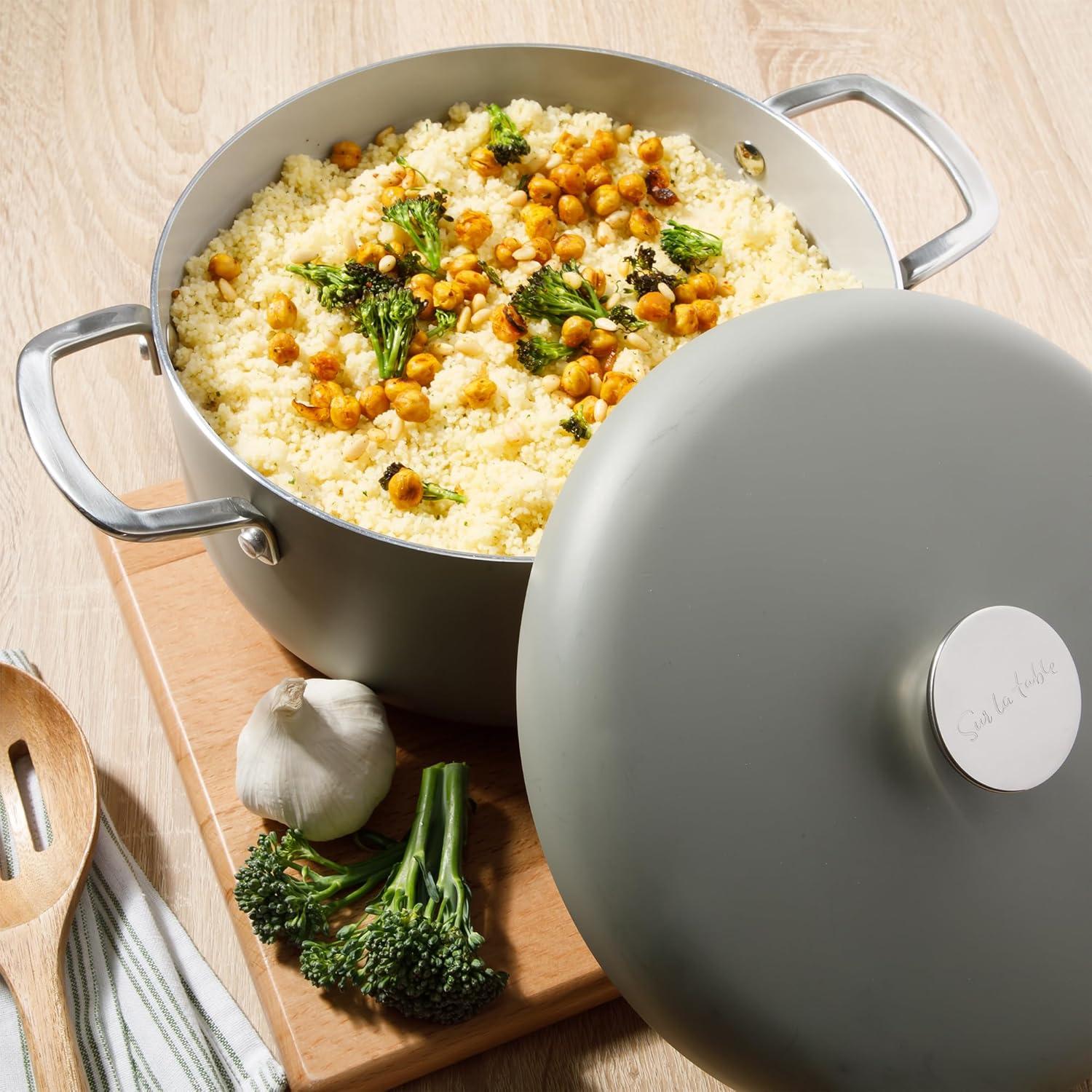 imageSur La Table Kitchen Essentials Potluck Porch 10 Piece PFA Free Ceramic Non stick Interior Forged Aluminum Cookware Pots and Pans Set WAluminum Lids Linen White Induction CompatibleGreen