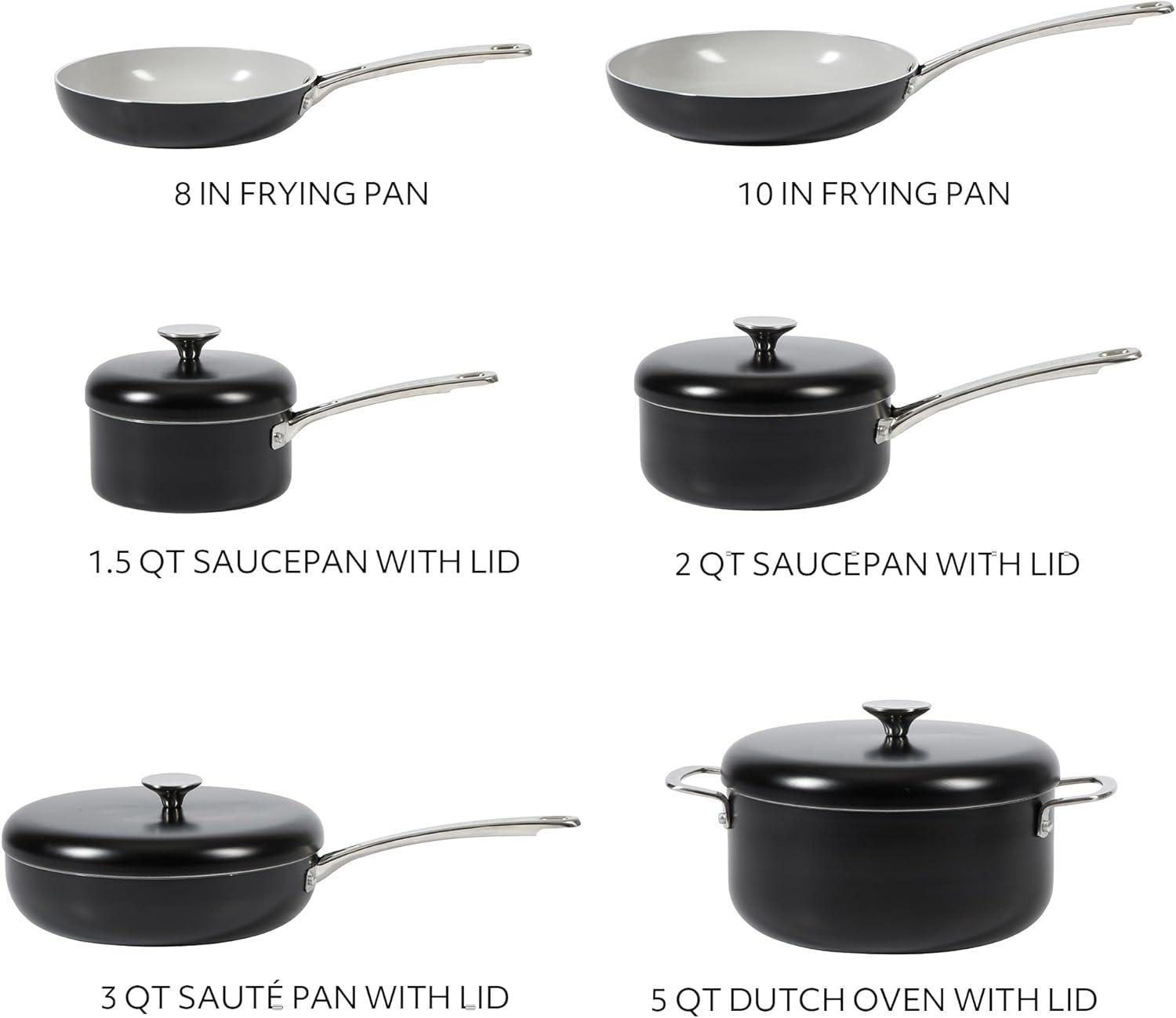 imageSur La Table Kitchen Essentials Potluck Porch 10 Piece PFA Free Ceramic Non stick Interior Forged Aluminum Cookware Pots and Pans Set WAluminum Lids Linen White Induction CompatibleBlack