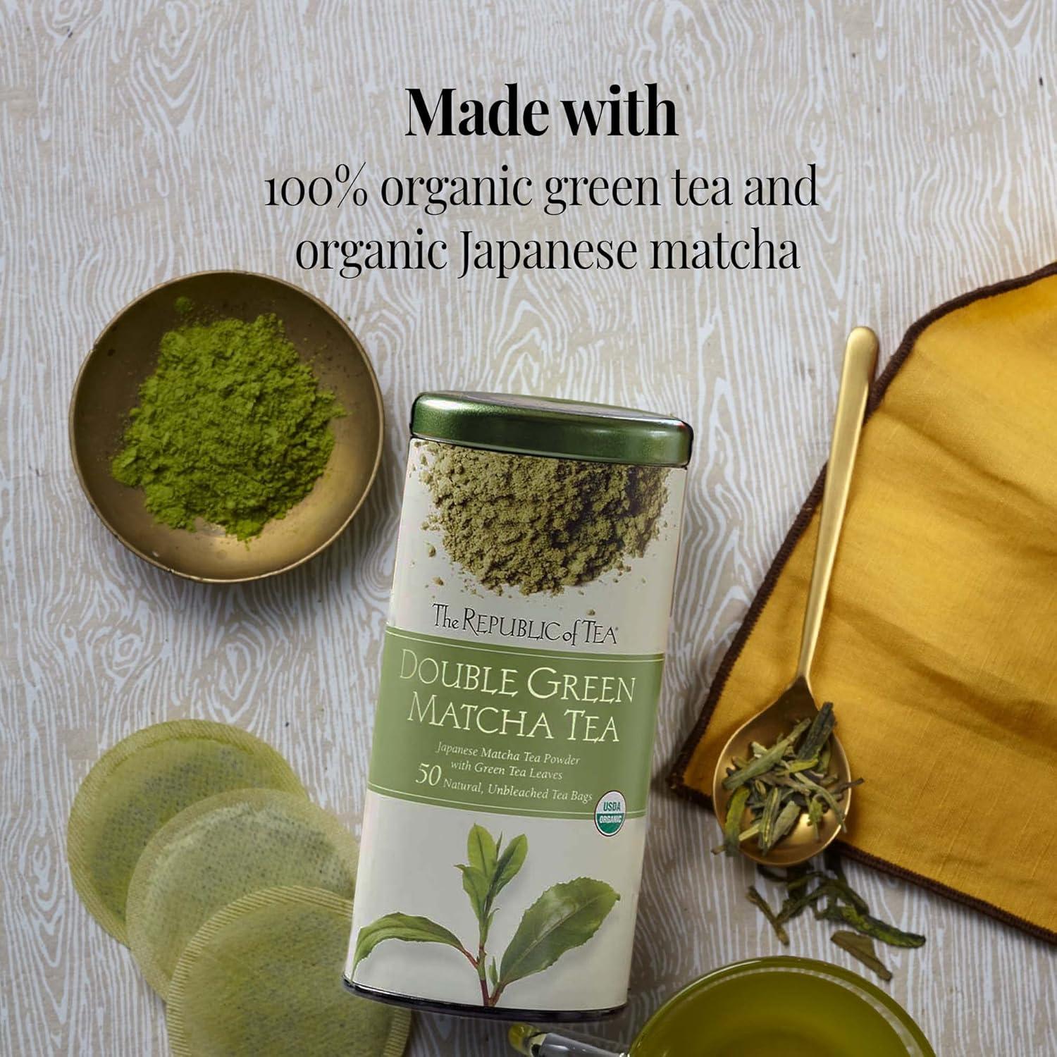 imageThe Republic of Tea Organic Double Green Matcha Naturally Caffeinated Japanese Green Tea Powder and Leaves Steeps 50 Cups50 Count Pack of 1