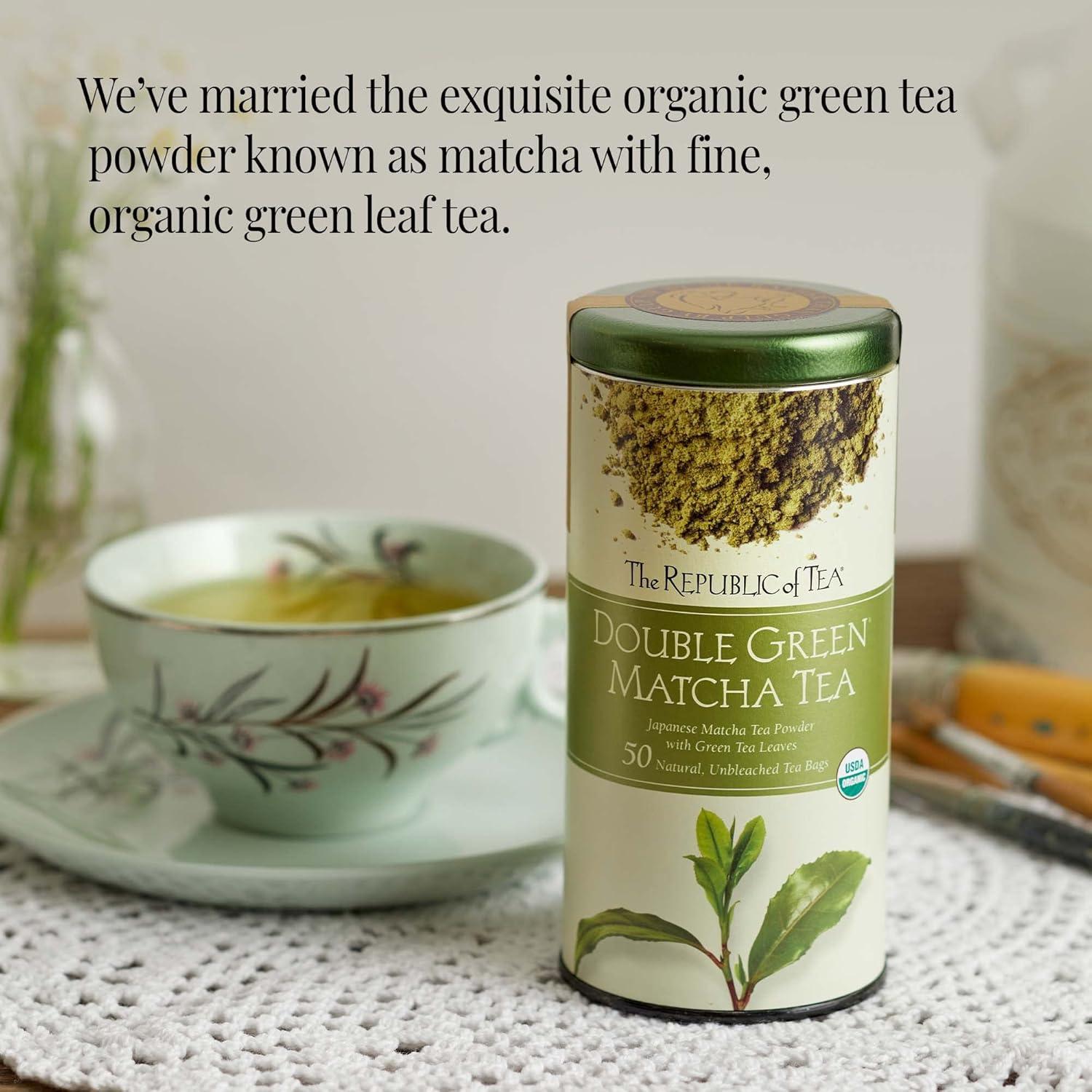 imageThe Republic of Tea Organic Double Green Matcha Naturally Caffeinated Japanese Green Tea Powder and Leaves Steeps 50 Cups50 Count Pack of 1